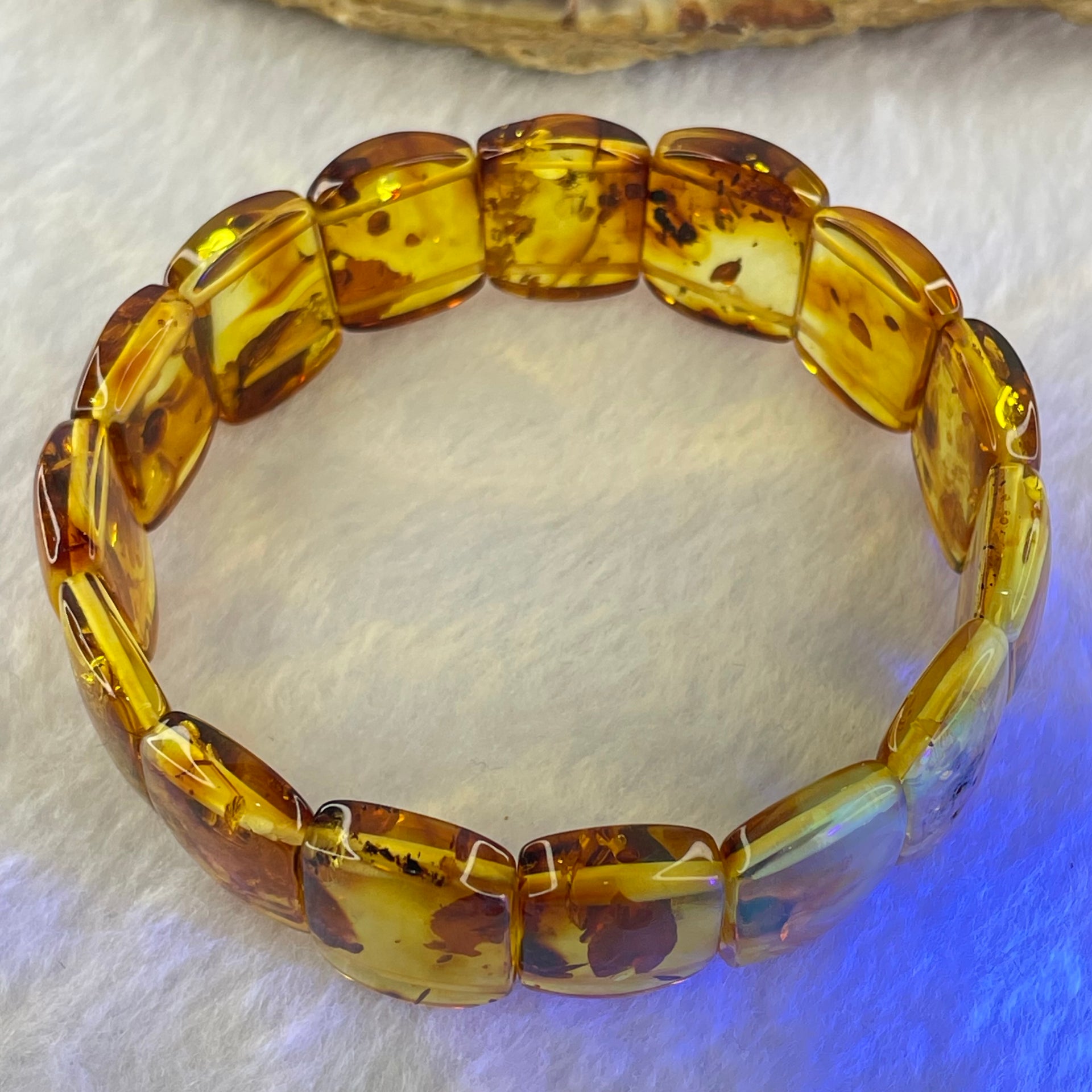 Natural Yellow Flower Amber Shou Pai Bracelet 天然花珀手牌手链 14.27g 17.5cm 18.6 by 12.7 by 4.8mm 15pcs - Huangs Jadeite and Jewelry Pte Ltd