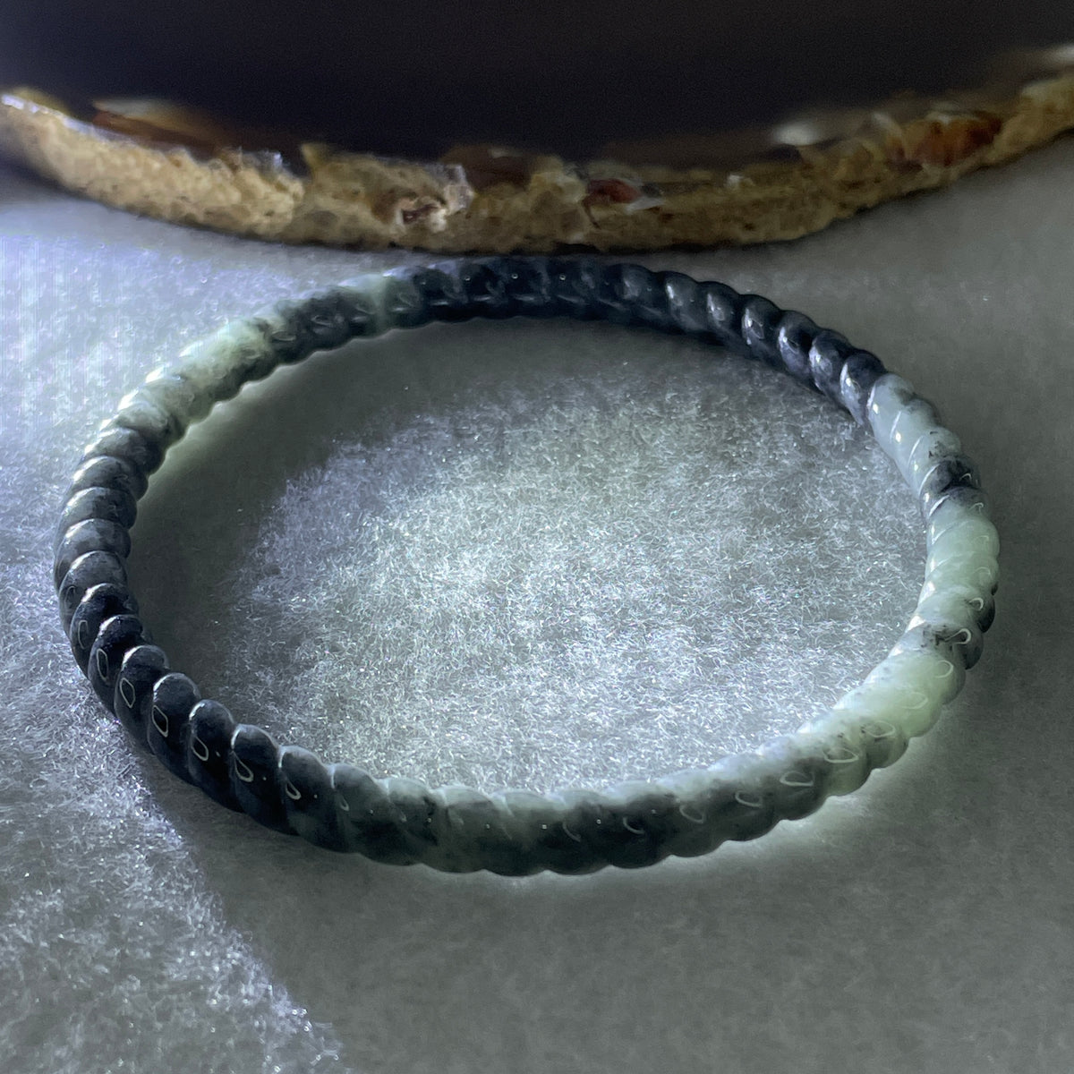 Natural Type A Wuji Grey Jadeite Twisted Bangle | 59.2mm Inner Diameter (13.87g 5.3x5.4mm | Continuous Fortune & Root Shield) - Huangs Jadeite and Jewelry Pte Ltd