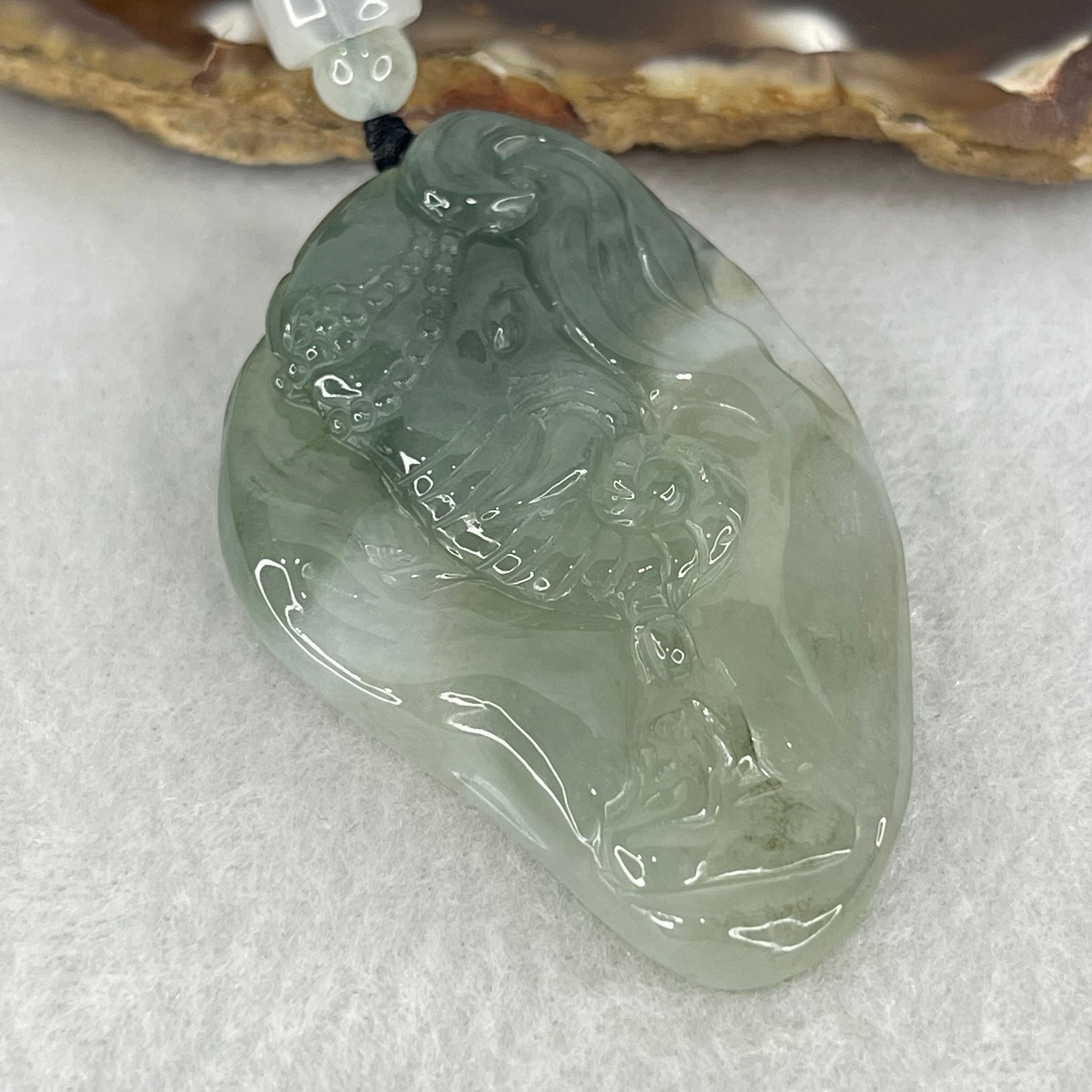 Type A Semi Icy Blueish Green  Jadeite Guan Yin and Elephant Samantabhadra Bodhisattva Pendant 21.65g 51.8 by 33.7 by 7.9mm - Huangs Jadeite and Jewelry Pte Ltd