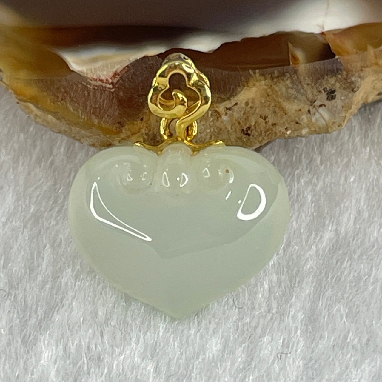 High Grade Natural Type A Icy Light Green Jadeite Heart Shape Pendant in Ruyi Shape 18K AU750 Yellow Gold Clasp 2.20g 12.1 by 14.7 by 6.8mm