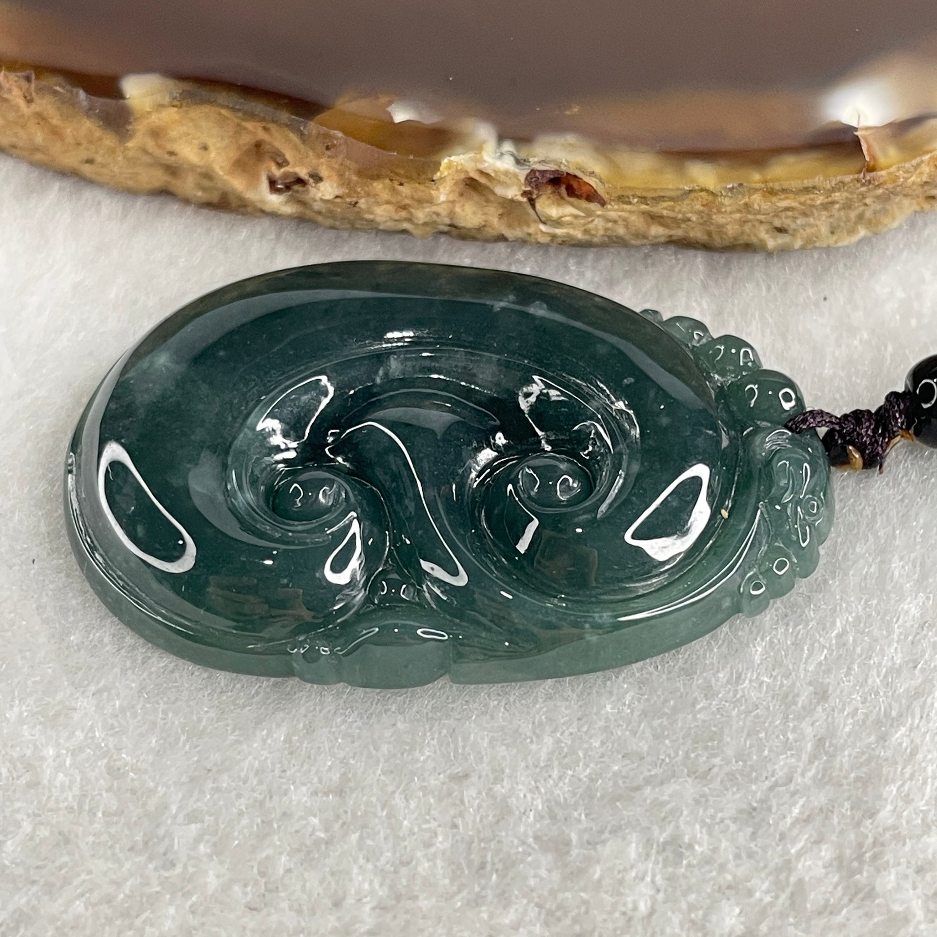 Natural Type A Blueish Green Jadeite Dragon Head on Ruyi Pendant 17.96g 43.5 by 29.4 by 6.5mm - Huangs Jadeite and Jewelry Pte Ltd