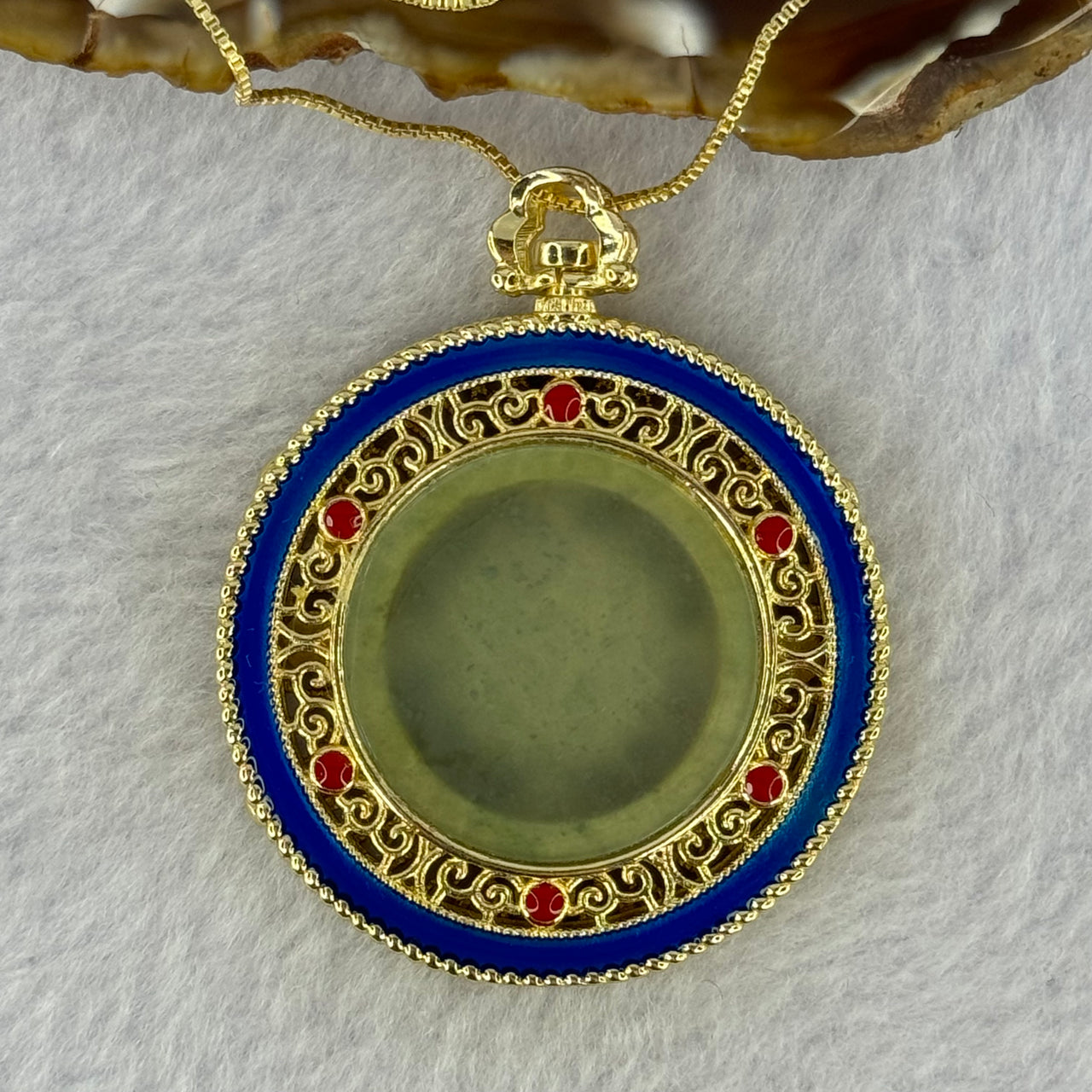 Type A Icy Light Green Jadeite Round Wu Shi Pai Blessing Pendant with Gold Color Silver Necklace 21.74g 25.3 by 2.0mm - Huangs Jadeite and Jewelry Pte Ltd