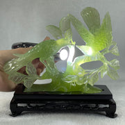 Natural Green Serpentine Double Magpies Birds on Tree with Wooden Stand Display 500.5g 195.0 by 80.0 by 170.0mm - Huangs Jadeite and Jewelry Pte Ltd