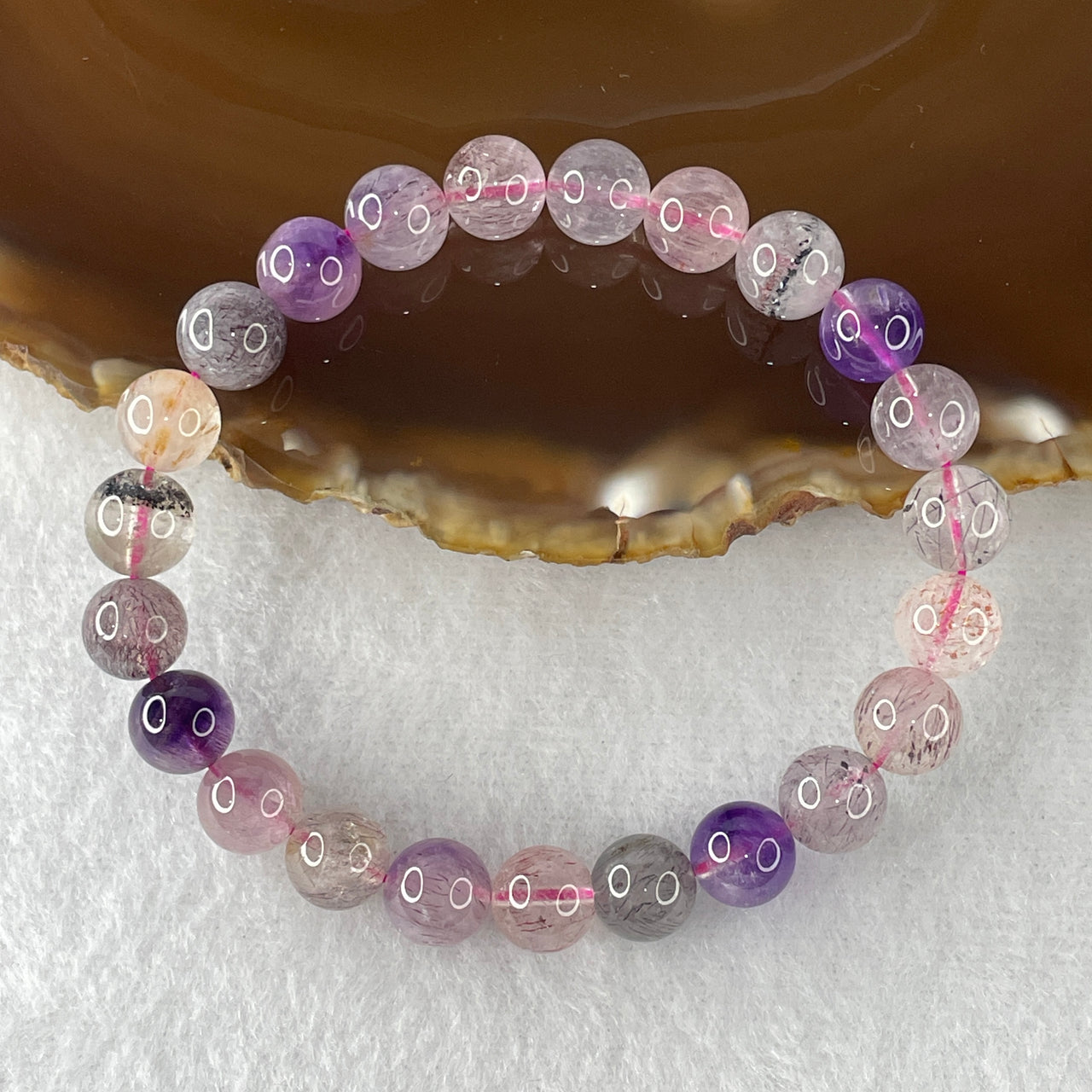Certified Above-Average Grade Natural Super 7 Crystal Beads Bracelet | High-Fluidity Crystalline Strand | Authentic Sacred Seven Multi-Mineral Inclusions Quartz Spiritual Catalyst & Auric Shield Bracelet (17.34g | 15.5cm Length | 8.3mm | 23 Beads)
