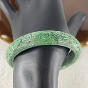 Natural Type Green Jadeite Prosperity Flowers Bangle 46.28g Inner Diameter 55.6mm 12.1 by 8.2mm (External Line) - Huangs Jadeite and Jewelry Pte Ltd