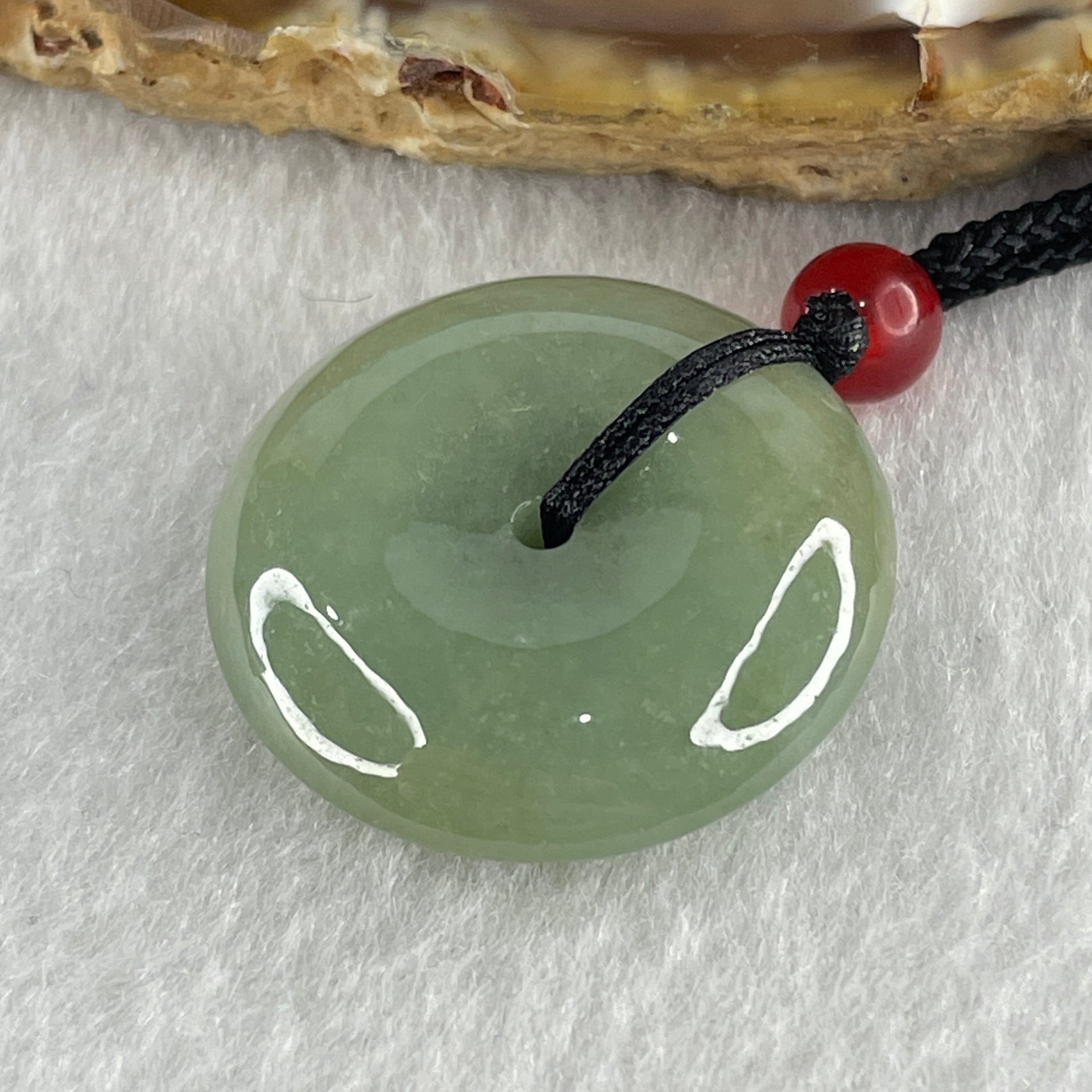 Natural Type A Green Jadeite Ping An Kou Donut Pendant in String Necklace 9.58g 24.7 by 7.1mm - Huangs Jadeite and Jewelry Pte Ltd