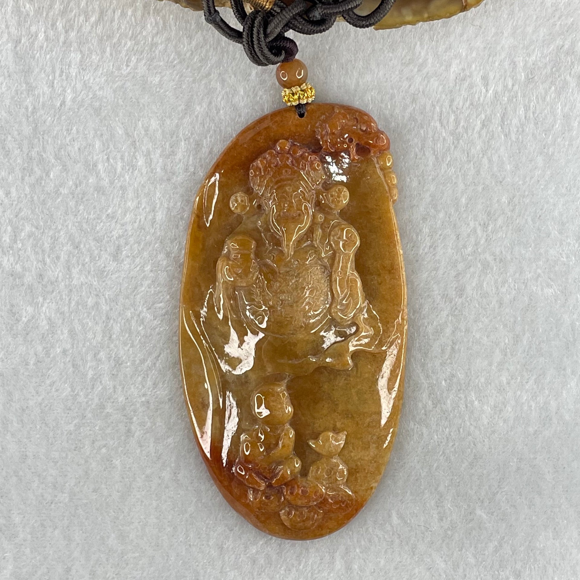 Grandmaster Type A Brown with Reddish  Patches Jadeite Cai Shen with Tong Zi Ingot and Dragon  Pendant 吉星高照 48.68g 76 by 39.7 by 6.3mm - Huangs Jadeite and Jewelry Pte Ltd