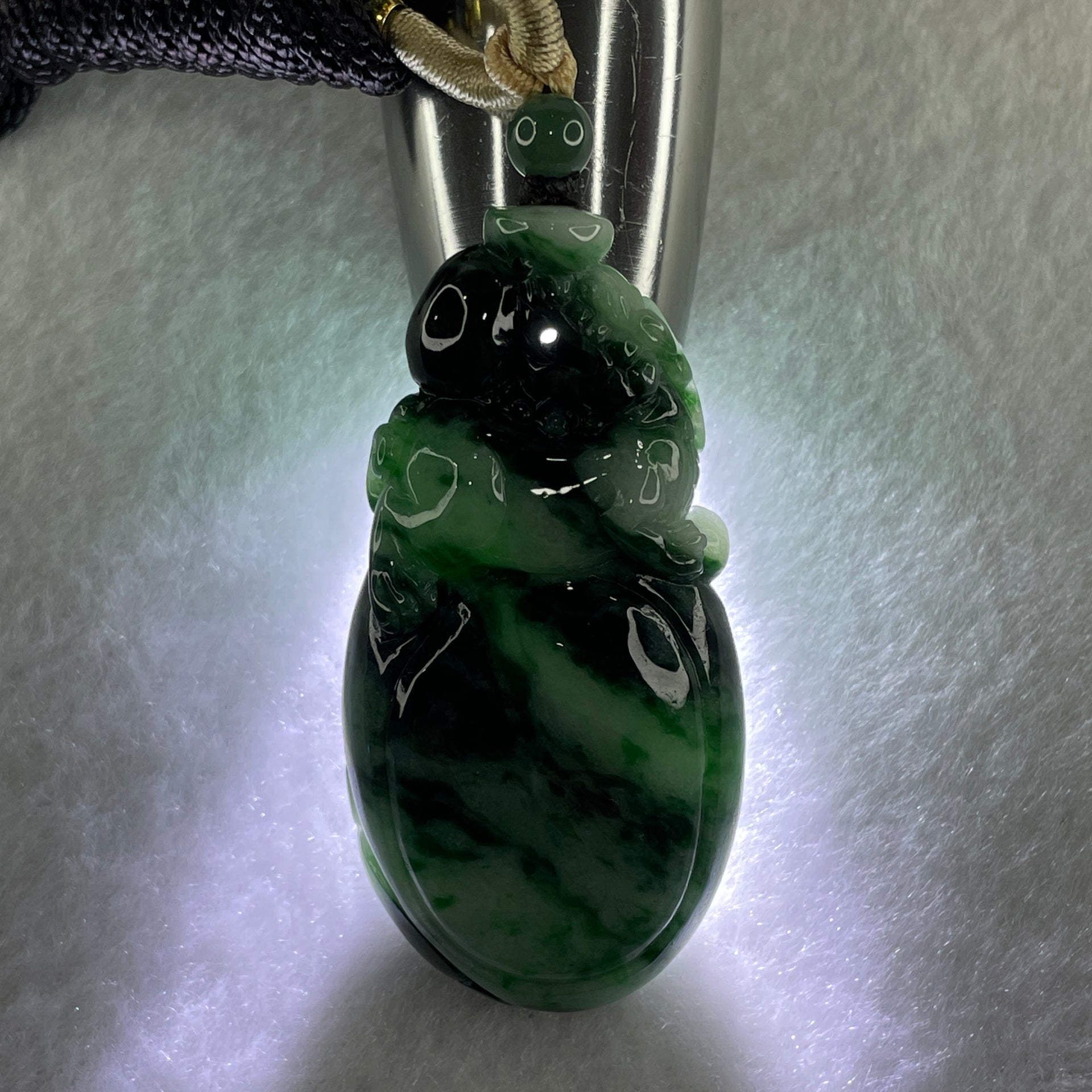 Certified Natural Type A Light Green with Dark Green and Old Mine Spicy Green Pattern Jadeite Pixiu on Money Bag Pendant 46.46g 57.2 by 29.1 by 14.1mm - Huangs Jadeite and Jewelry Pte Ltd