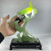 Natural Green Serpentine Double Phoenix on Tree with Wooden Stand Display 561.4g 165.0 by 246.0 by 102.0mm - Huangs Jadeite and Jewelry Pte Ltd