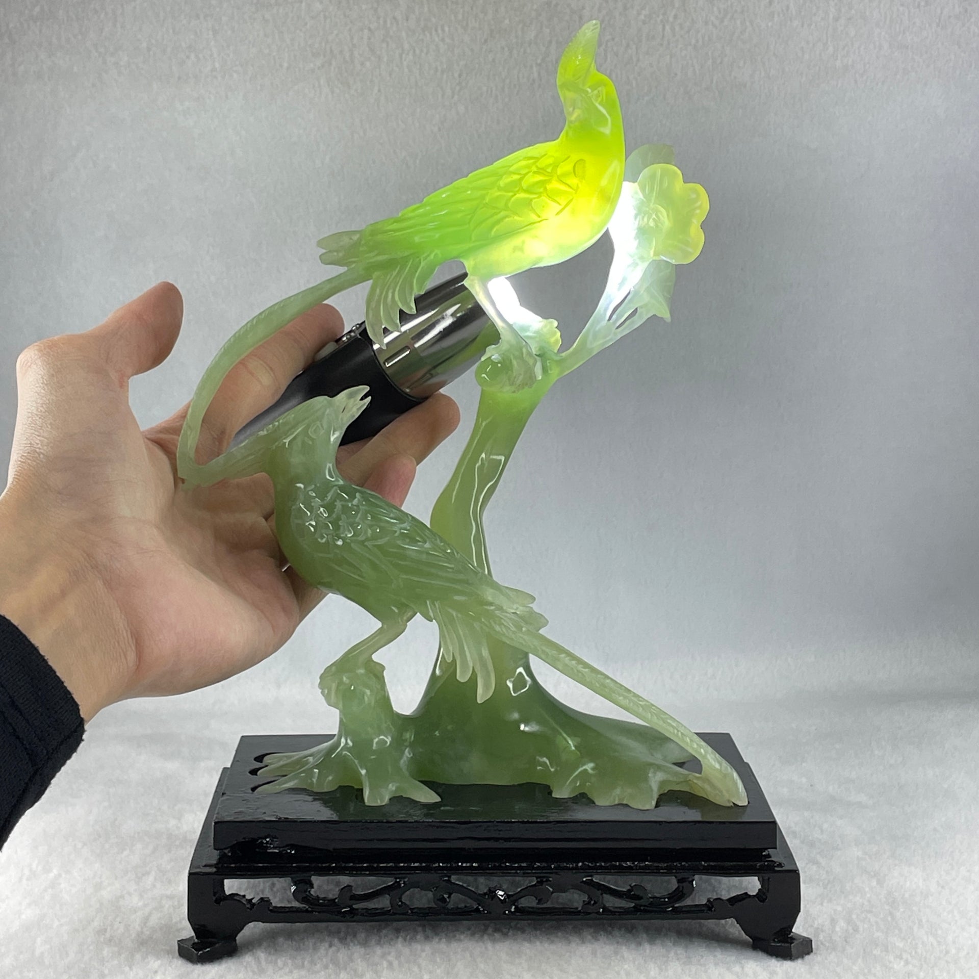 Natural Green Serpentine Double Phoenix on Tree with Wooden Stand Display 561.4g 165.0 by 246.0 by 102.0mm - Huangs Jadeite and Jewelry Pte Ltd