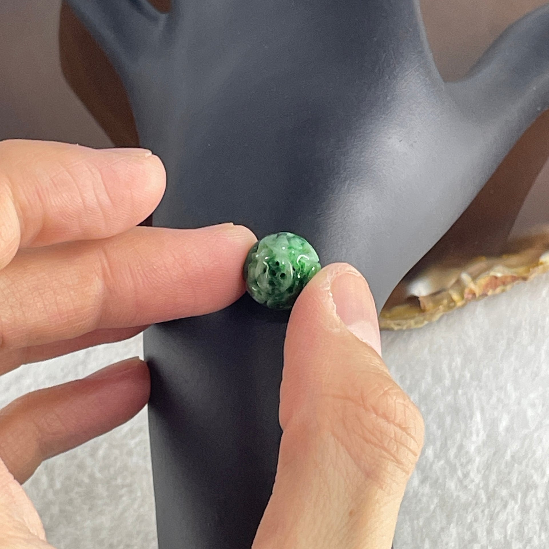 Natural Type A Lao Keng Old Mine Green Jadeite Flora Carving Bead Charm 1.32g 11.0mm - Huangs Jadeite and Jewelry Pte Ltd