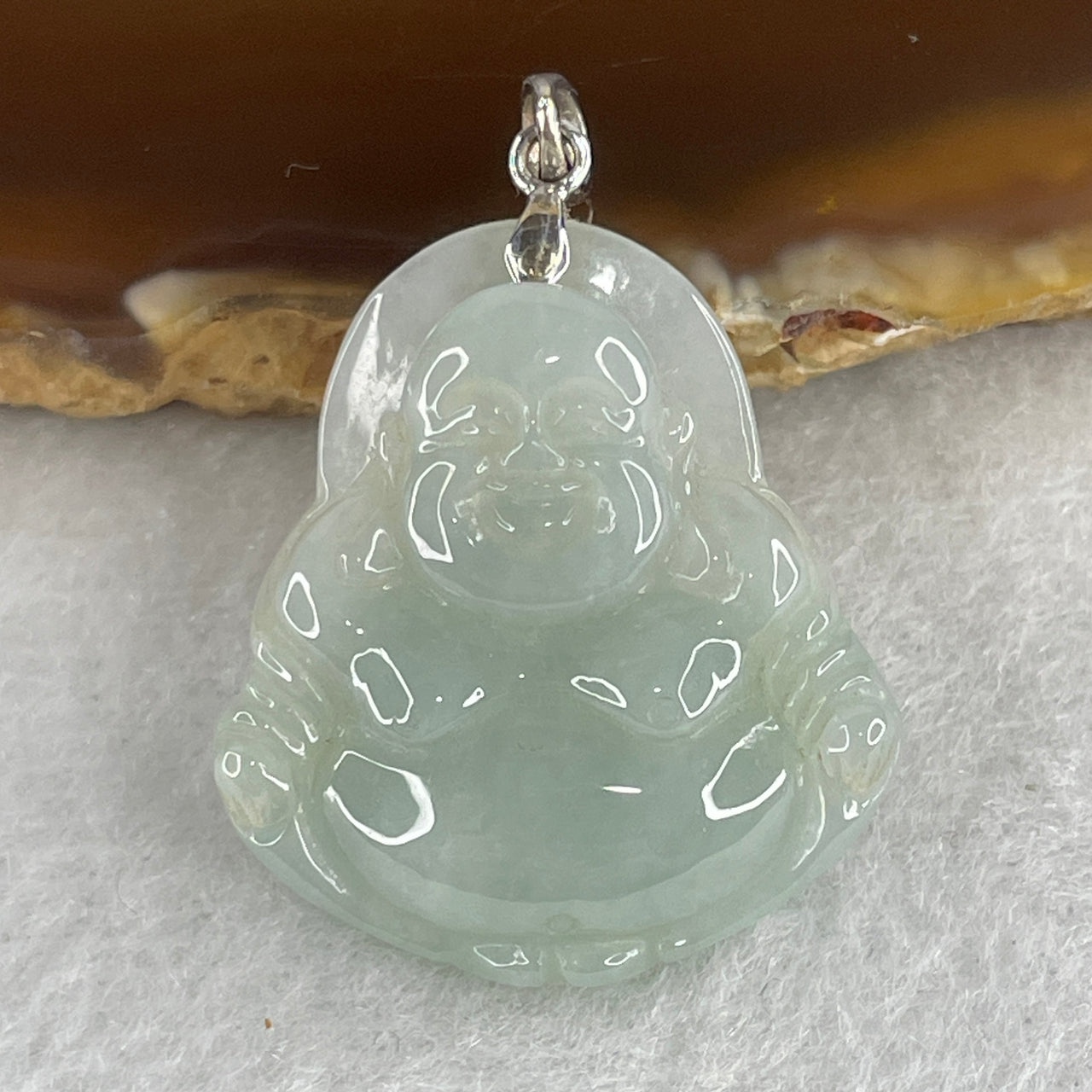 Natural Type A Blue Jadeite Milo Laughing Buddha with 18K White Gold Clasp Pendant 9.20g 28.1 by 25.4 by 7.7mm