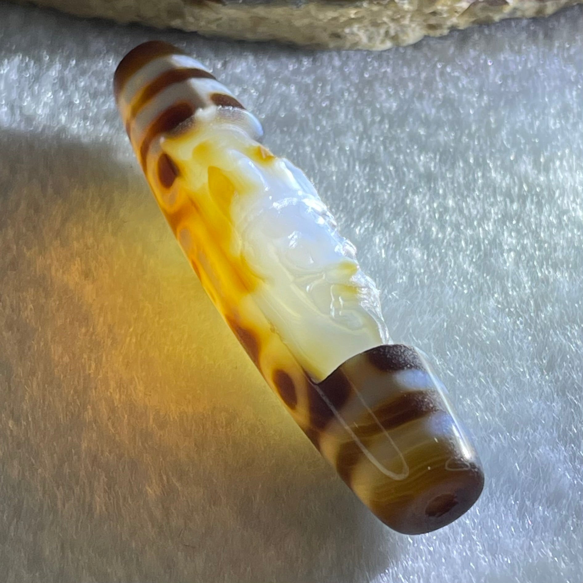 Natural Powerful Tibetan Old Oily Agate Zha Ji La Mu Female Cai Shen Carvings on 9 Eyes Dzi Bead Heavenly Master (Tian Zhu) 九眼扎基拉姆女财神天珠 14.46g 58.4 by 13.0mm - Huangs Jadeite and Jewelry Pte Ltd