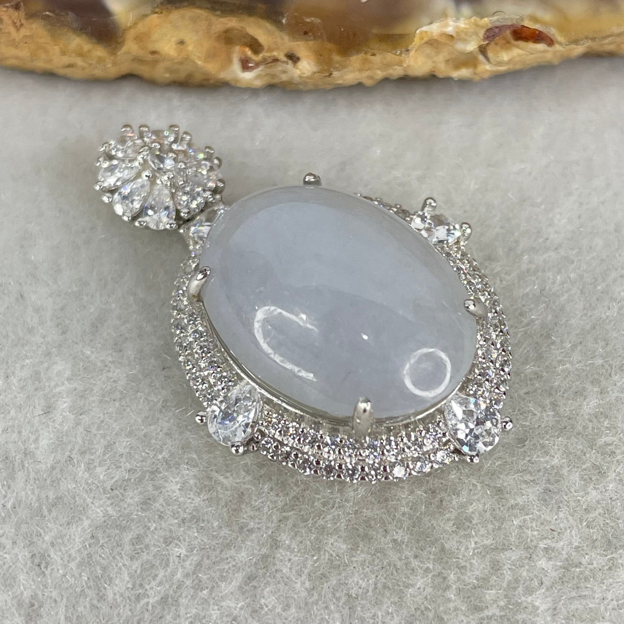 Type A Lavender Cabochon Jadeite in S925 Sliver with Crystal Charm 6.19g 18.7 by 14.6 by 6.5mm - Huangs Jadeite and Jewelry Pte Ltd