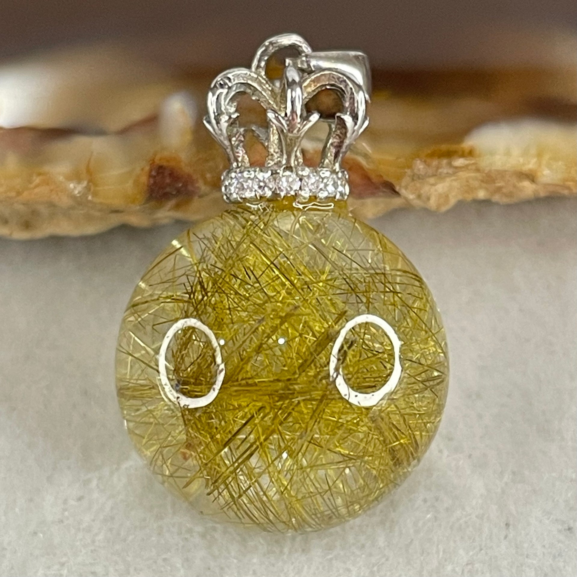 Good Grade Natural Golden Rutilated Quartz Bead in S925 Silver with Cubic Zirconia Pendant 6.45g 16.0mm - Huangs Jadeite and Jewelry Pte Ltd