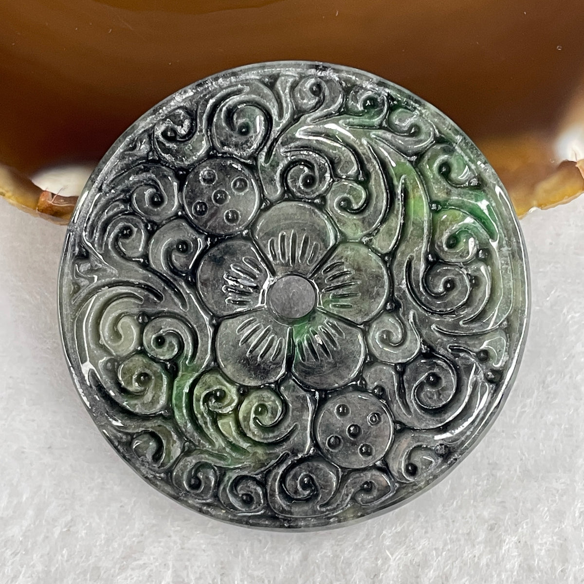 Natural Type A Dark Green & Wuyi Grey Jadeite Prosperity Flowers with Coins Pendant | (29.27g | 52.5x5.8mm | Heart & Root Chakra Harmony, "Hua Kai Fu Gui" Abundance & Ancient Coin Wealth Shield)