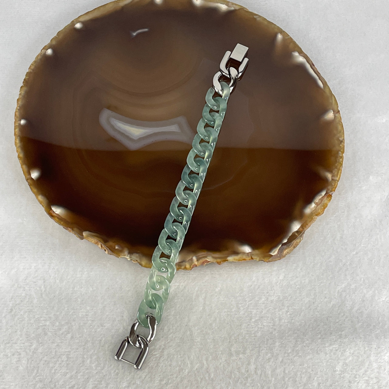 Certified Natural Type A Icy Blueish Green Jadeite Cuban Tennis Bracelet with Stainless Steel Clasp 17.01g Up to 14.5cm 10.9 by 3.3mm 14 Pcs