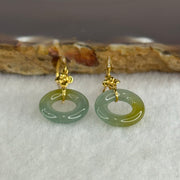 Type A Icy Blueish Green with Yellow Ping An Kou Jade Jadeite Earrings 18k Yellow Gold 2.12g 30.8 by 12.6 by 2.6mm - Huangs Jadeite and Jewelry Pte Ltd