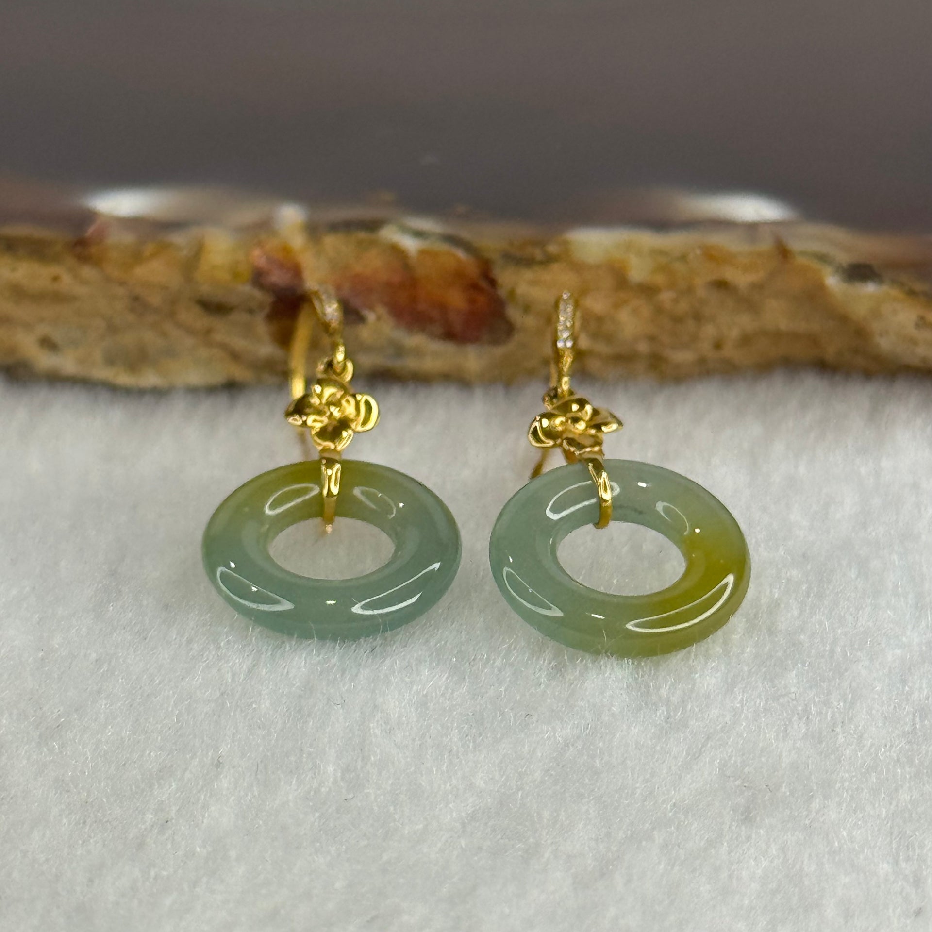 Type A Icy Blueish Green with Yellow Ping An Kou Jade Jadeite Earrings 18k Yellow Gold 2.12g 30.8 by 12.6 by 2.6mm - Huangs Jadeite and Jewelry Pte Ltd