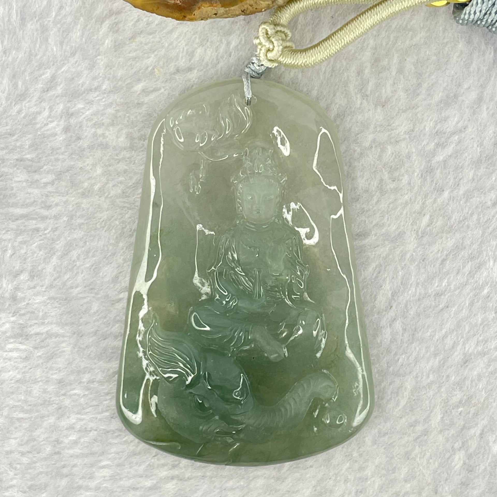 Type A Semi Icy Blueish Green Jadeite Guan Yin With Elephant and Flower Samantha Bodhisattva Pendant 31.38g 58.4 by 38.8 by 7.2mm - Huangs Jadeite and Jewelry Pte Ltd