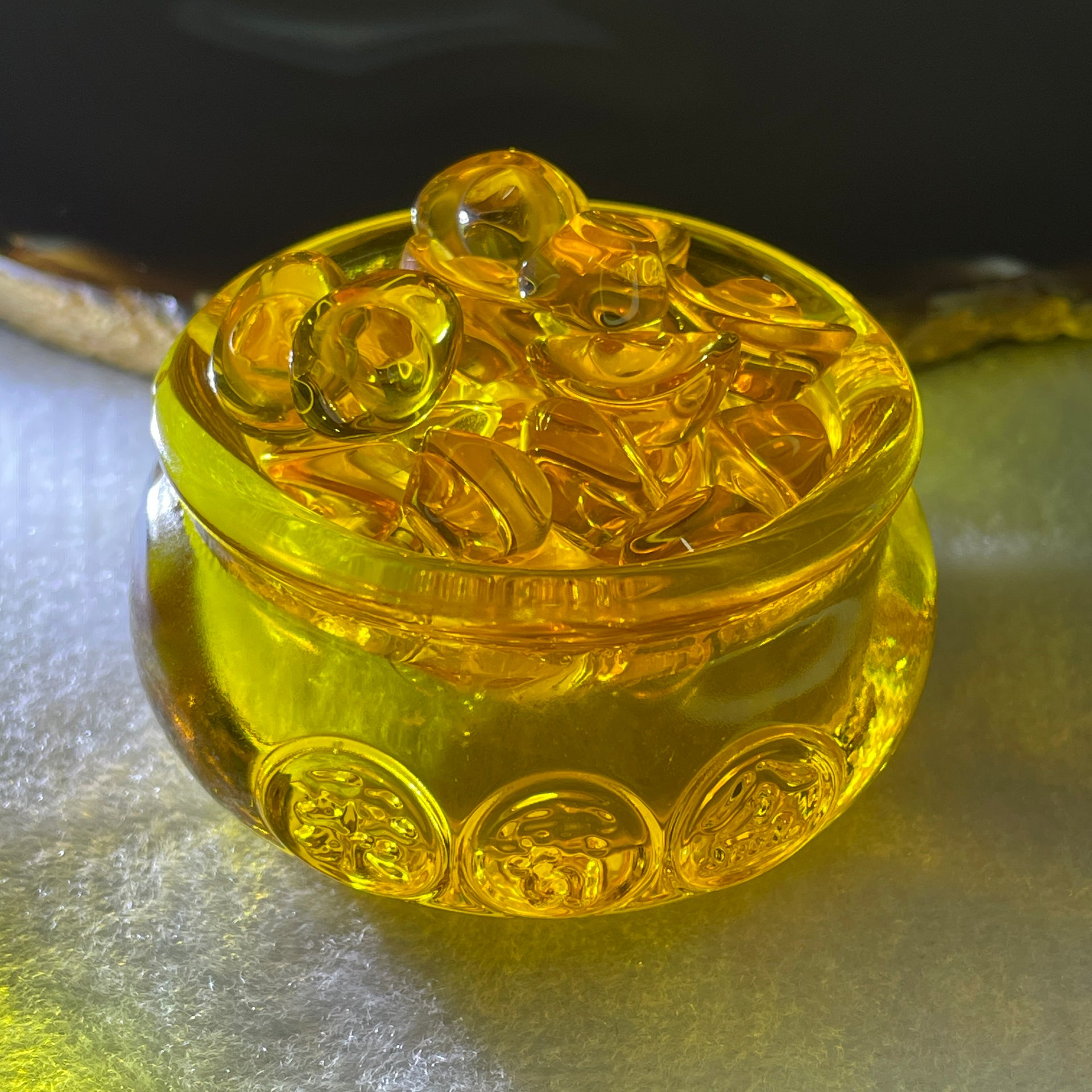 Yellow Liuli Wealth Pot with Ingot Yuan Bao Display Total Weight 152.83g 60.5 by 39.5mm - Huangs Jadeite and Jewelry Pte Ltd