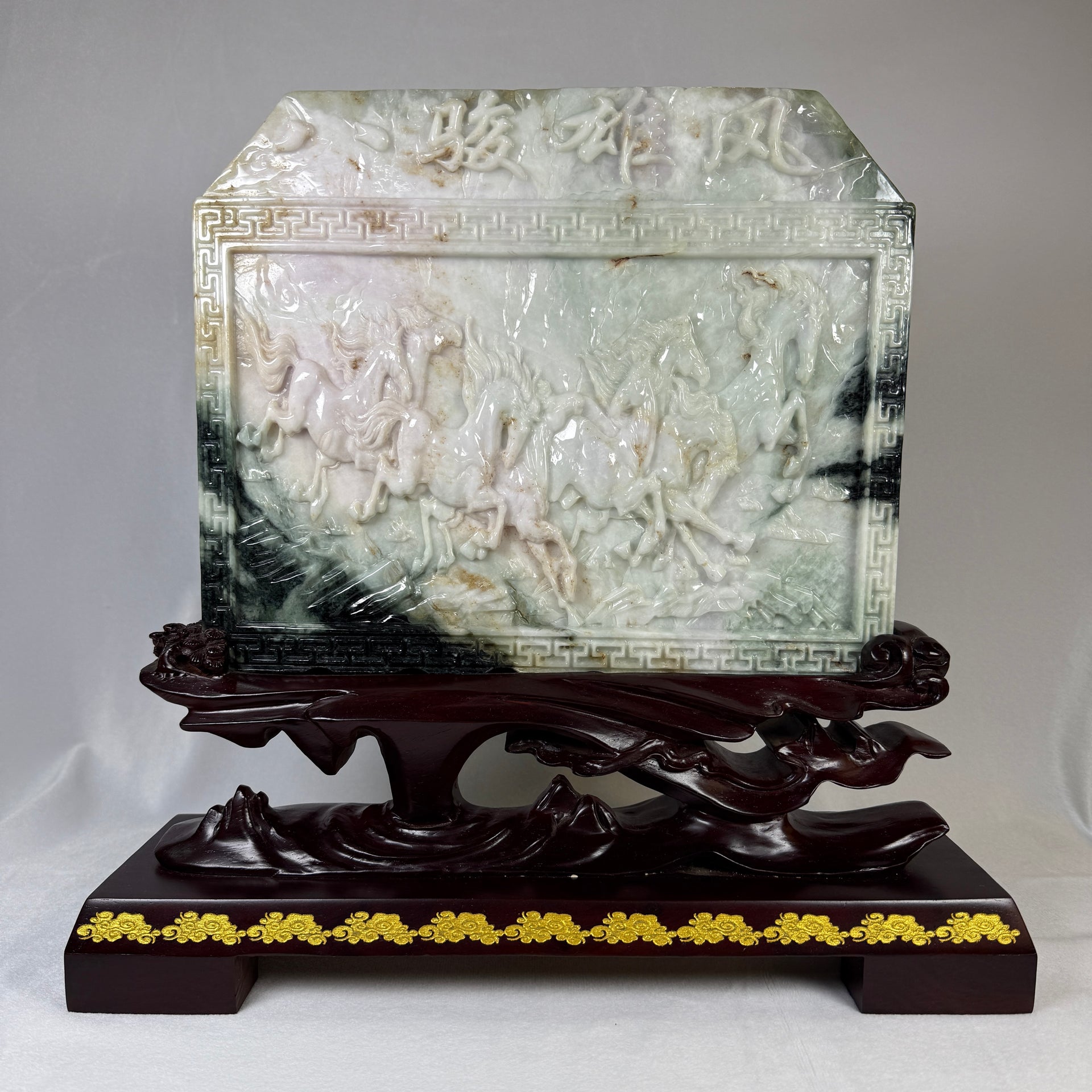 Natural Type A Light Green Light Lavender with Dark Green Patches Jadeite 8 Prosperity Horses with Wooden Stand Display 9,352.7g 275.0 by 100.0 by 360.0mm - Huangs Jadeite and Jewelry Pte Ltd