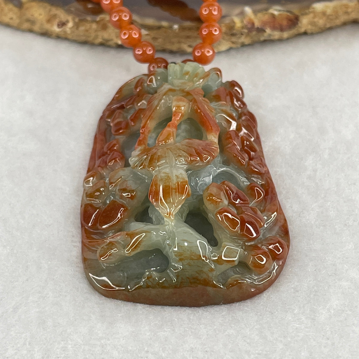 Natural Type A Red & Green Jadeite Twin Birds with Prosperity Flowers Pendant Necklace | 56cm Strand of 121 Beads 5.1mm Red Jadeite Beads (73.10g | 60.8×38.0×15.9mm | Dual Chakra Vitality, Marital Harmony & Bountiful Wealth Shield)
