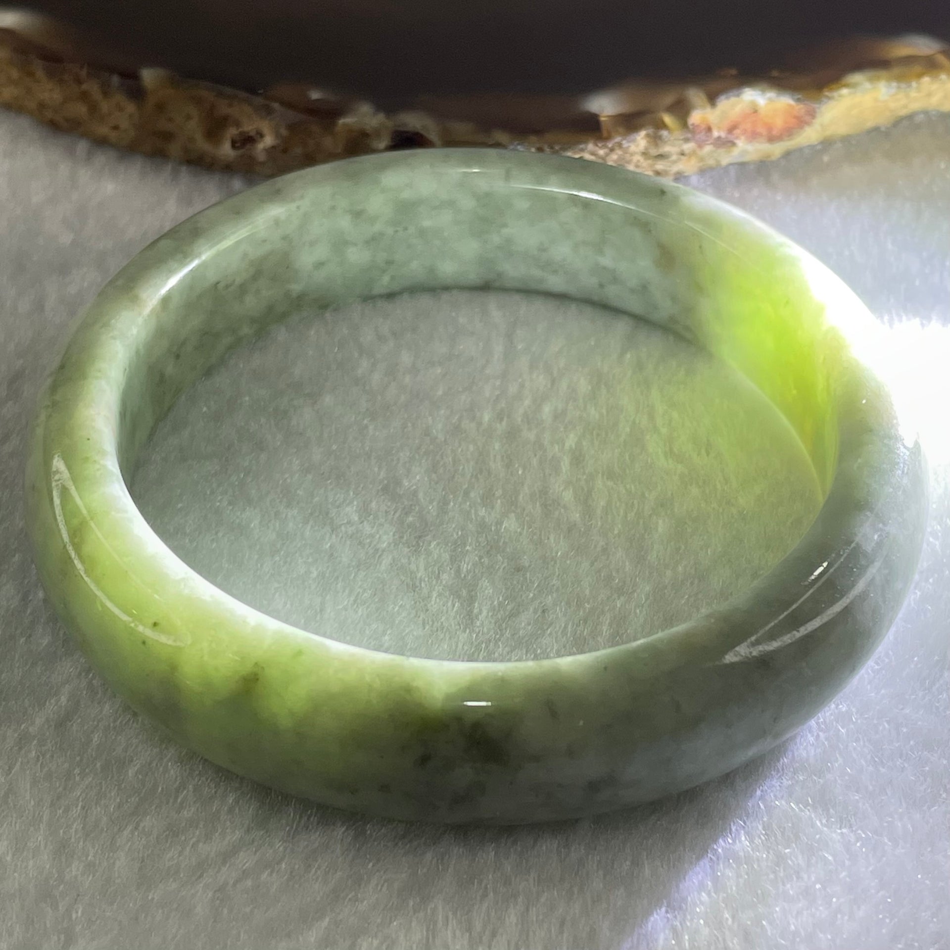 Type A Green with White Patches Jadeite Bangle 54.20g Internal Diameter 56.6mm 13.6 by 7.8mm (Very Fine Internal Lines) - Huangs Jadeite and Jewelry Pte Ltd