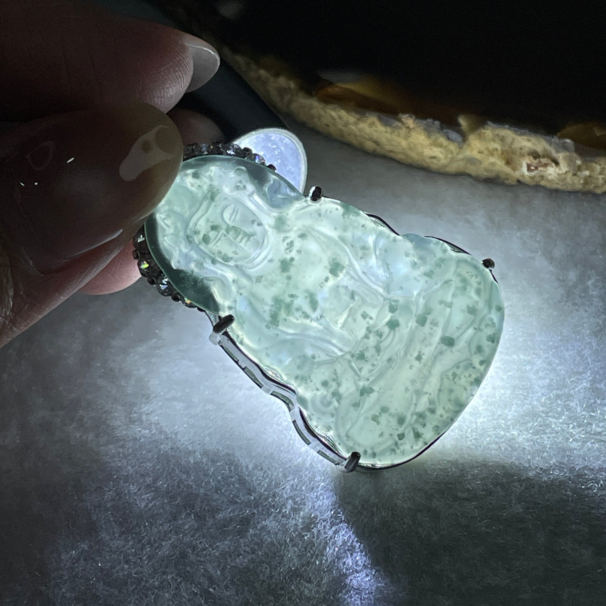 Natural Type A Icy Blueish Green Jadeite Guanyin Pendant Necklace in S925 Silver | (23.44g | 59cm S925 | 39.5 x 25.0 x 2.5mm | Compassion, Peace & Lifelong Protection Anchor, Feng Shui Guardian) - Huangs Jadeite and Jewelry Pte Ltd