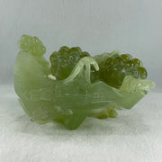 Natural Green Serpentine Magpie Bird with Cricket on Grape with Wooden Stand Display 1,042.7g L195.0 by B105.0 by H180.0 mm - Huangs Jadeite and Jewelry Pte Ltd