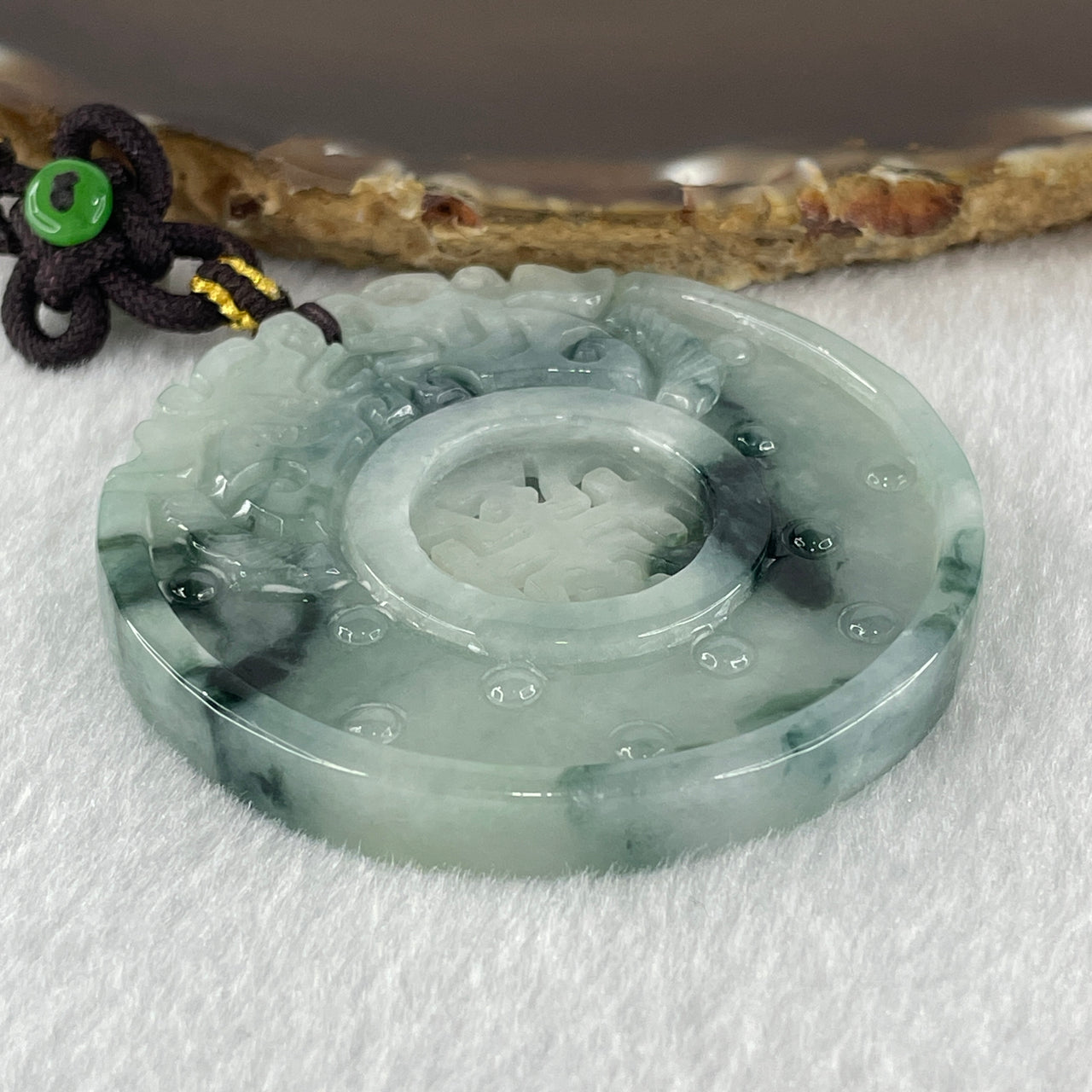 Type A Light Sky Blue with Dark Green Piao Hua Jadeite Double Dragons Head Double Side Pendant 47.34g 57.7 by 7.2mm