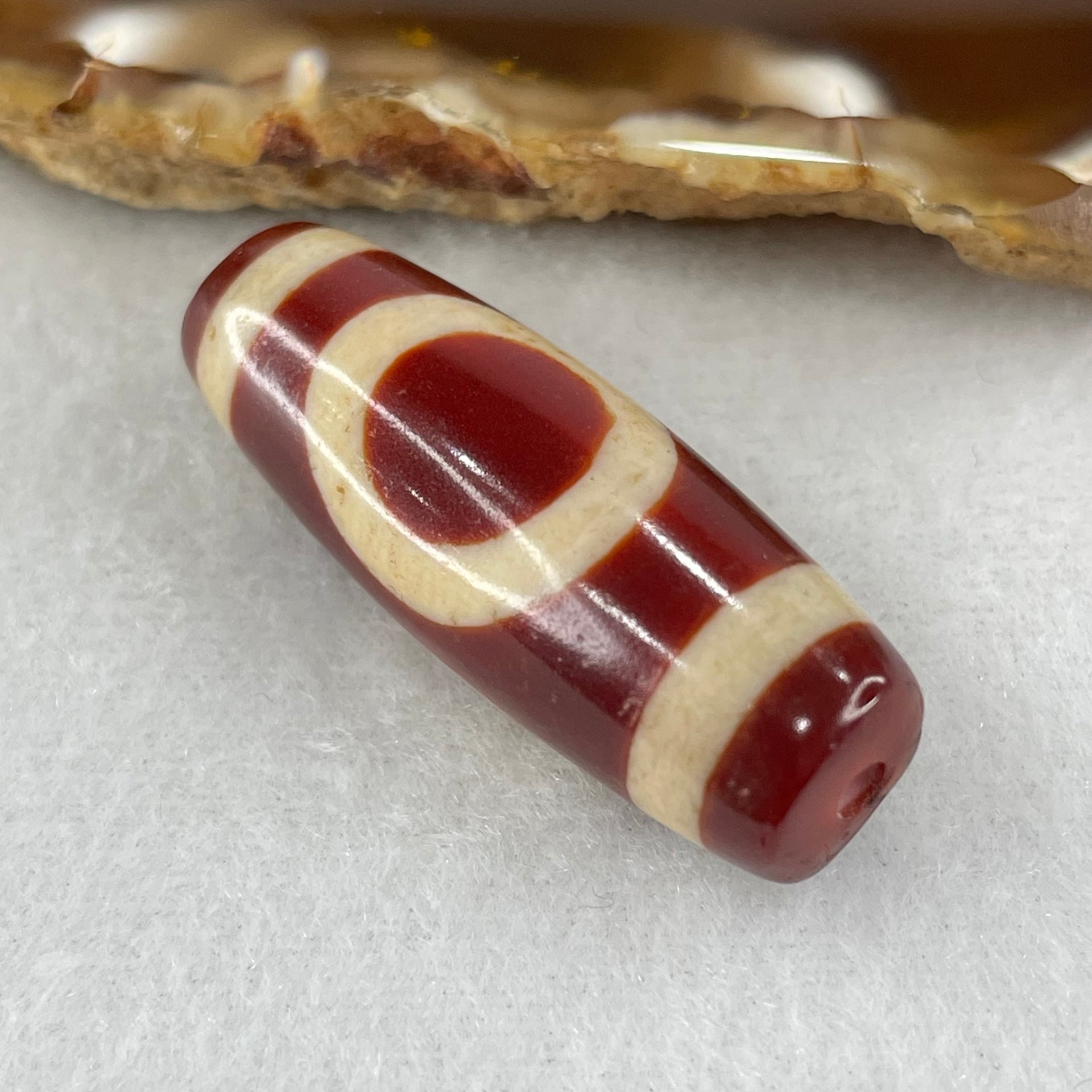 Natural Powerful Tibetan Old Oily Red White Agate One Eye Fire Sign Dzi Bead Heavenly Master (Tian Zhu) 一眼火天珠 10.52g 38.0 by 13.3mm - Huangs Jadeite and Jewelry Pte Ltd