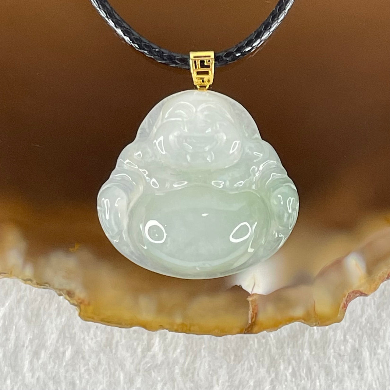 Type A Faint Lavender Green Jadeite Milo Buddha in 18K Gold Pendant with String Necklace 3.24g 16.9 by 18.1 by 5.5mm - Huangs Jadeite and Jewelry Pte Ltd