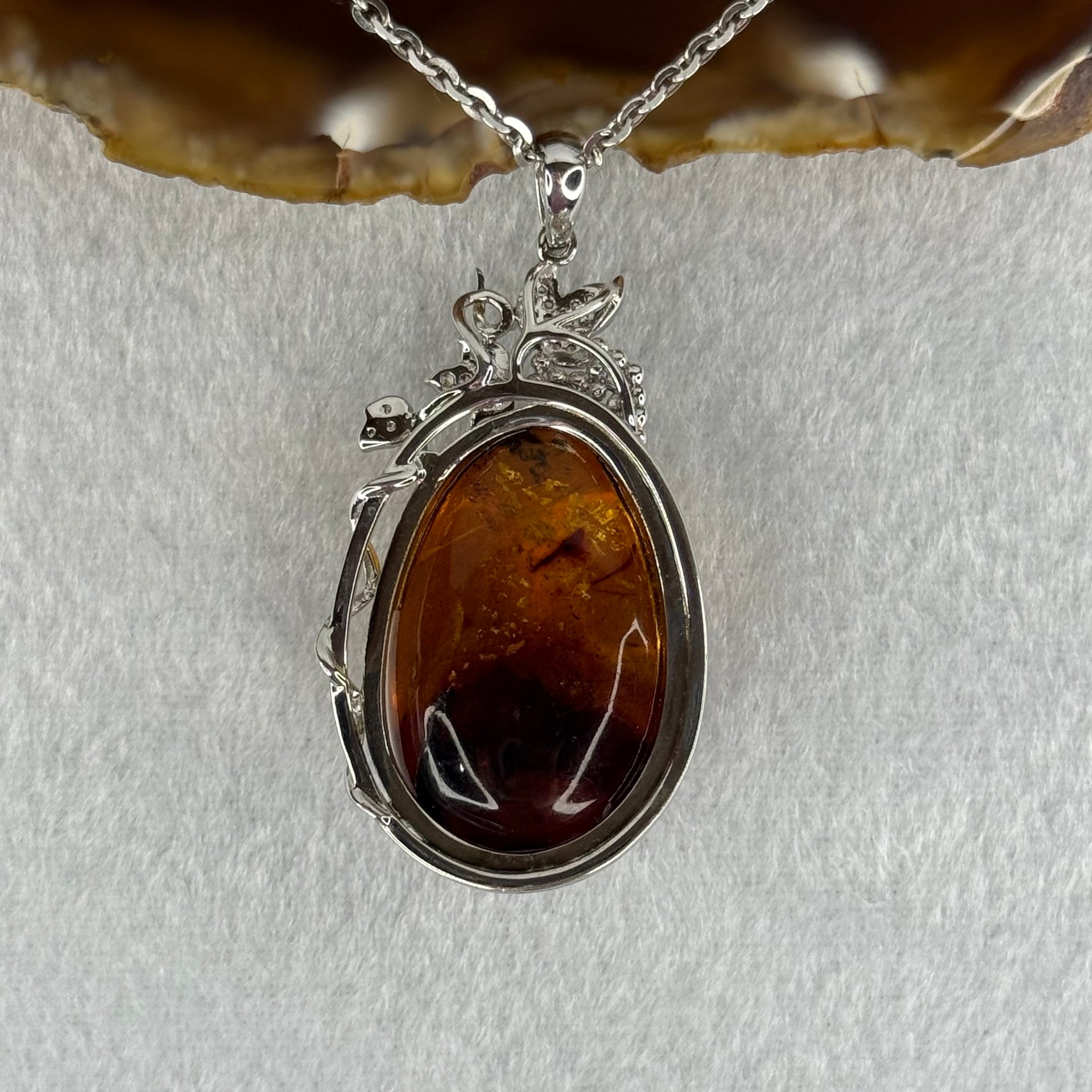 Natural Amber with Cubic Zirconia in S925 Sliver Necklace 15.05g 30.8 by 19.4 by 15.1mm - Huangs Jadeite and Jewelry Pte Ltd