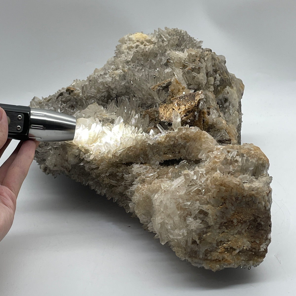 Natural Clear Quartz with Greyish and Yellow Rough Mountain Shaped with Wooden Stand Display 7,790.6g 250.0 by 130.0 by 365.0mm - Huangs Jadeite and Jewelry Pte Ltd