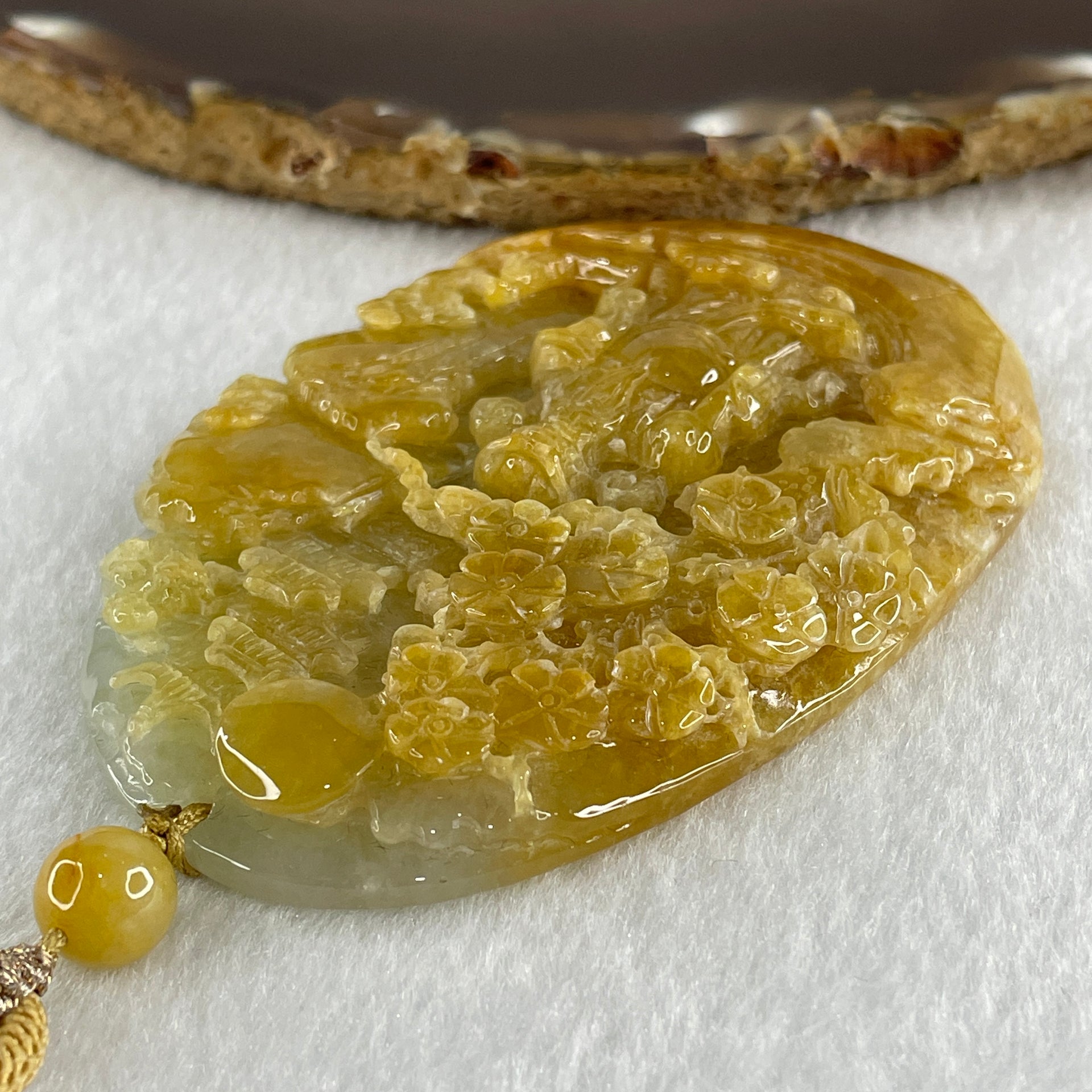 Grand Master Type A Yellowish with Light Green Patches Jadeite Cai Shen Ye God Of Fortune on Shan Shui with Gui Ren Pendant 75.70g 77.0 by 51.1 by 10.0mm - Huangs Jadeite and Jewelry Pte Ltd