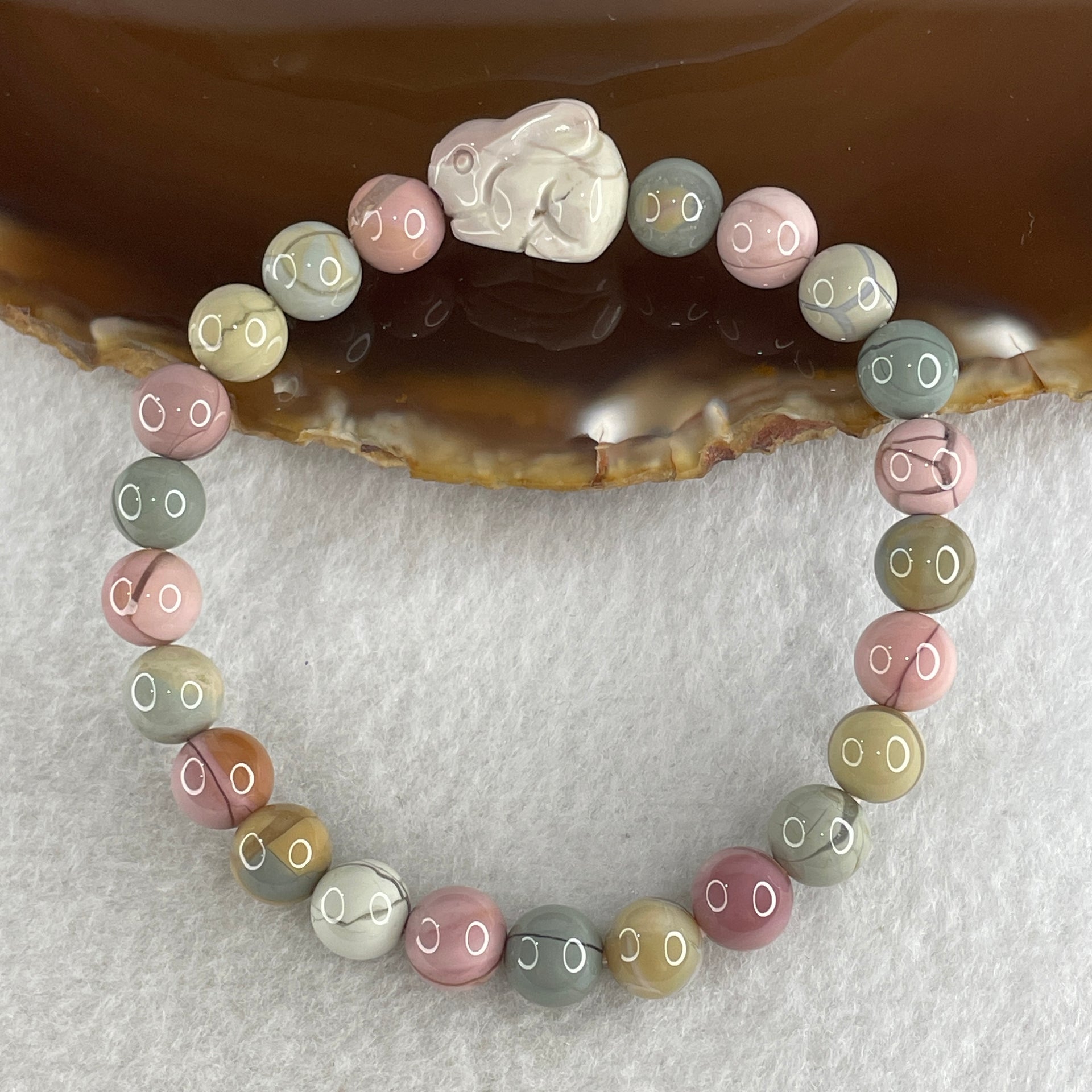 Natural Alashan Agate Pastels Pink Beads with Rabbit Charm Bracelet 17.28g 16cm 7.8mm 23Beads - Huangs Jadeite and Jewelry Pte Ltd