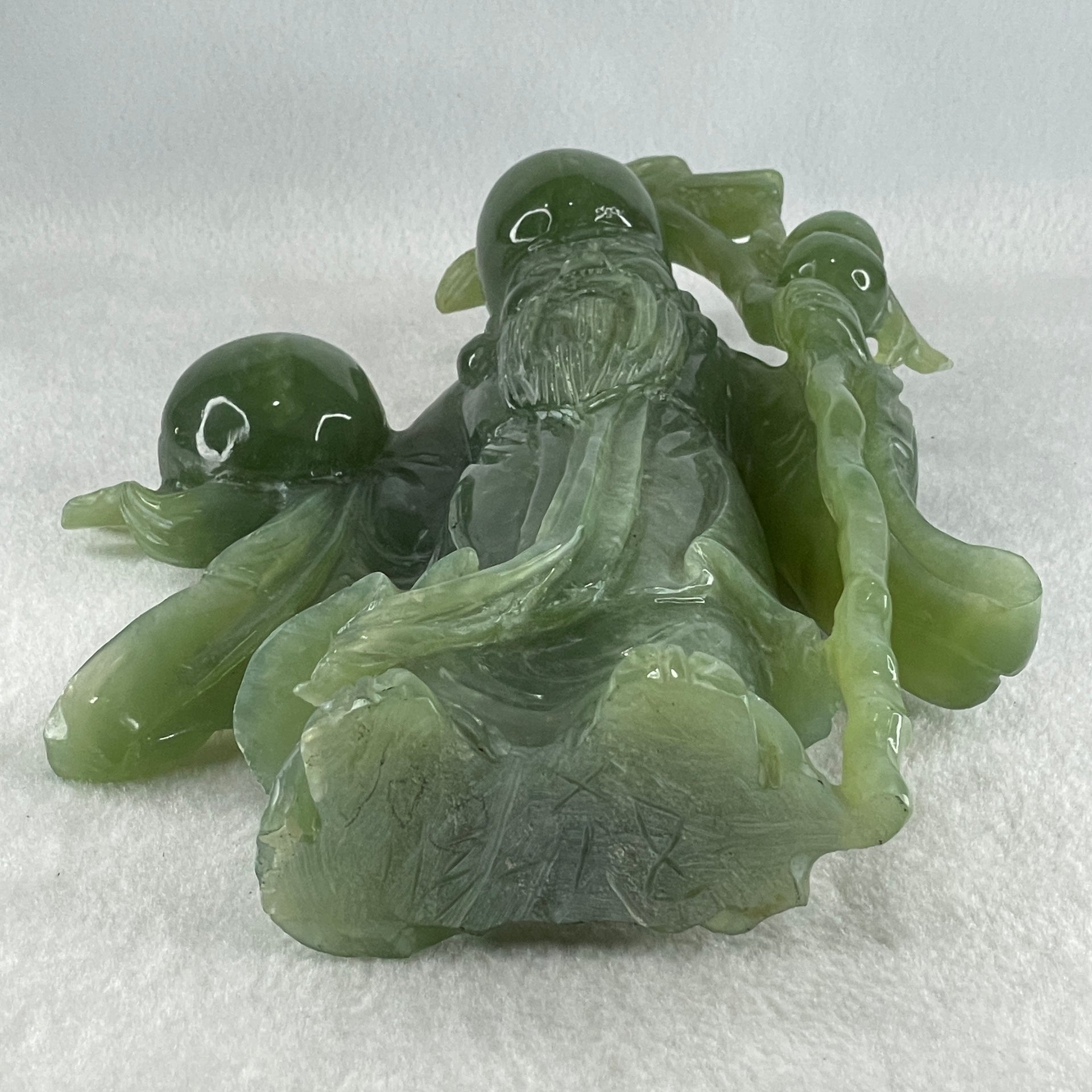 Natural Dark Green Serpentine Shou Xing Gong with Longevity Peach with Wooden Stand Display 1,383.8g 167.0 by 265.0 by 62.0mm - Huangs Jadeite and Jewelry Pte Ltd