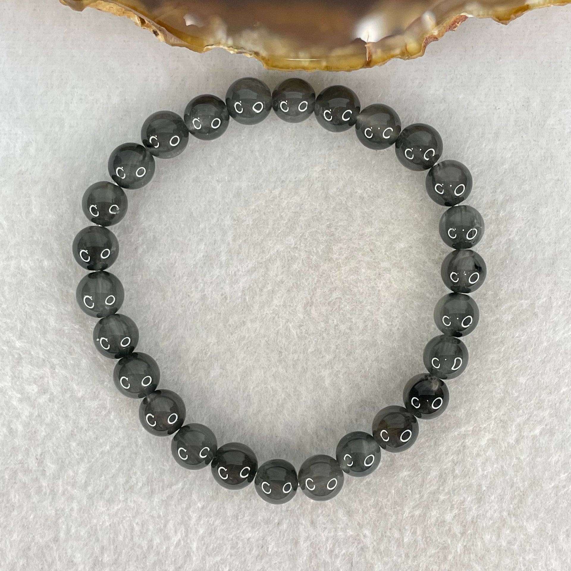 Good Grade Natural Grey Rabbit Hair Rutilated Quartz Beads Bracelet 12.65g 15.5cm 7.3mm 26 Beads - Huangs Jadeite and Jewelry Pte Ltd