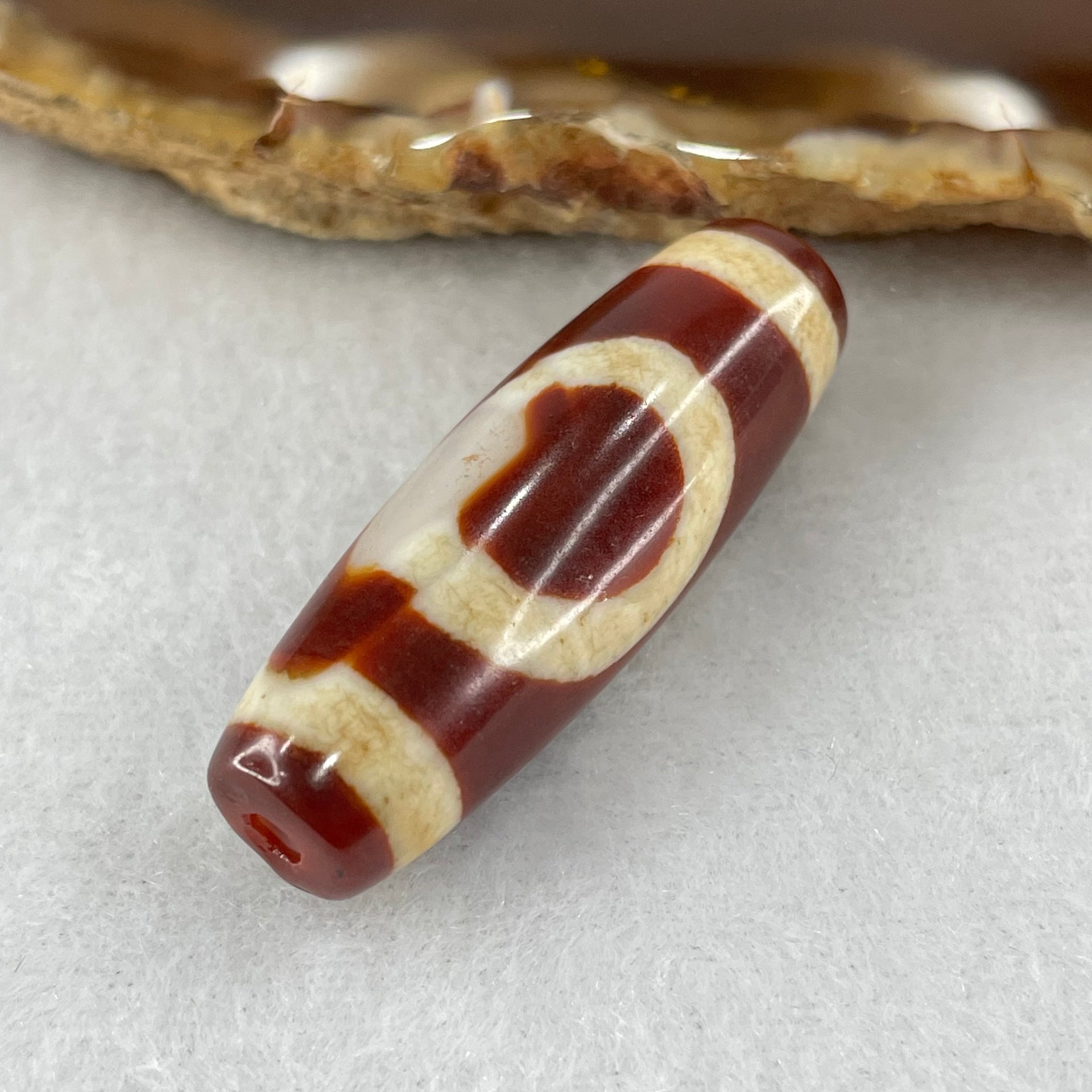 Natural Powerful Tibetan Old Oily Red White Agate One Eye Fire Sign Dzi Bead Heavenly Master (Tian Zhu) 一眼火天珠 9.27g 37.7 by 12.7mm - Huangs Jadeite and Jewelry Pte Ltd
