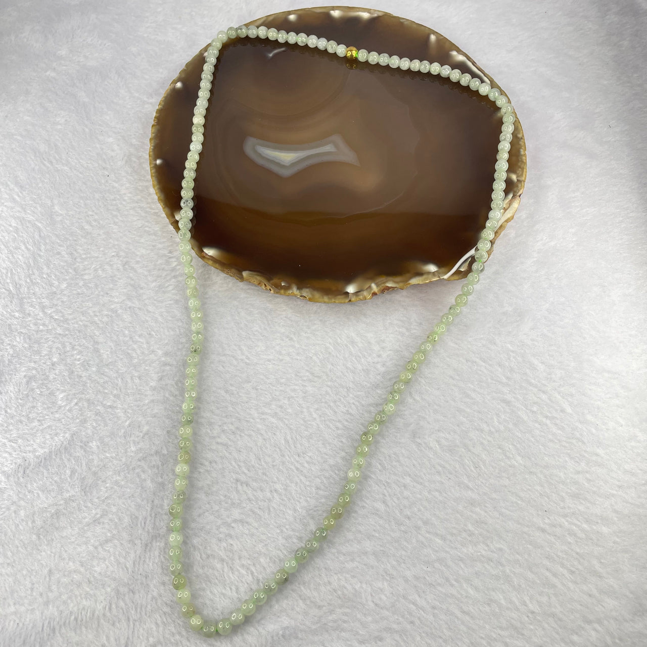 Type A Semi Icy Green with Wuji Grey Piao Hua Beads Necklace 133 Beads 5.1mm 28.57g - Huangs Jadeite and Jewelry Pte Ltd