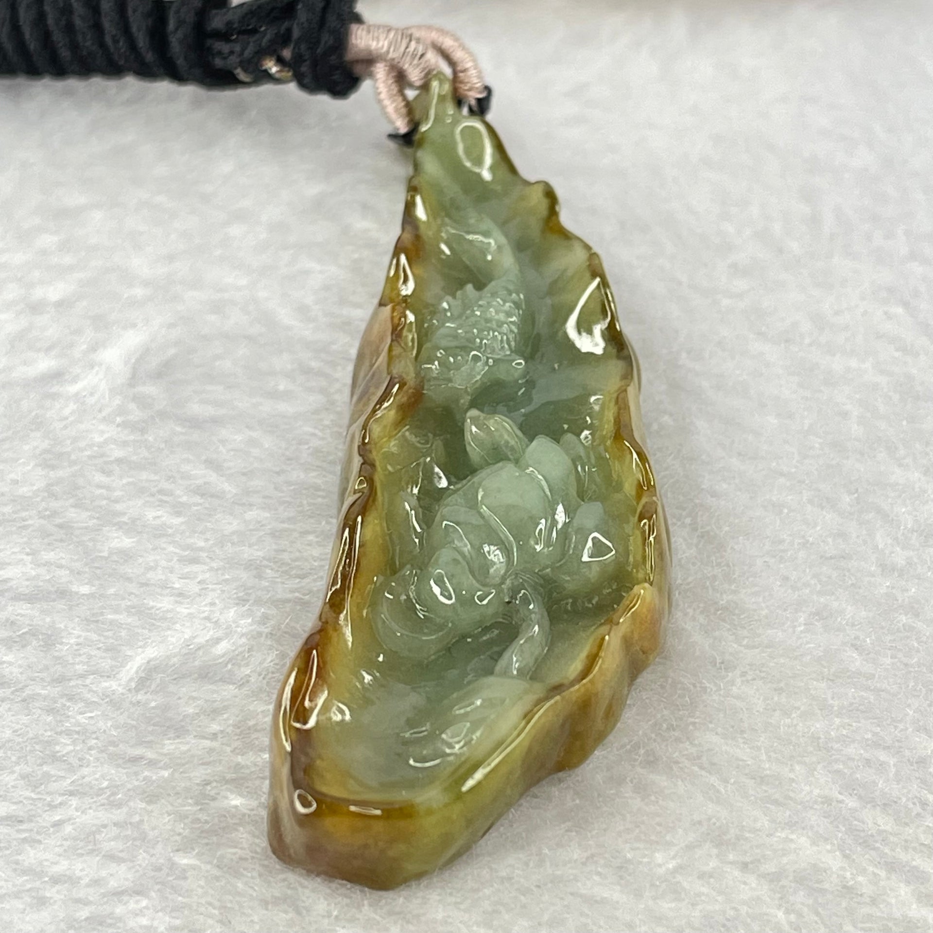 Type A Green and Brown Jadeite Lotus Flower and Koi Fish Pendent 21.41g 66.3 by 22.0 by 9.4mm - Huangs Jadeite and Jewelry Pte Ltd