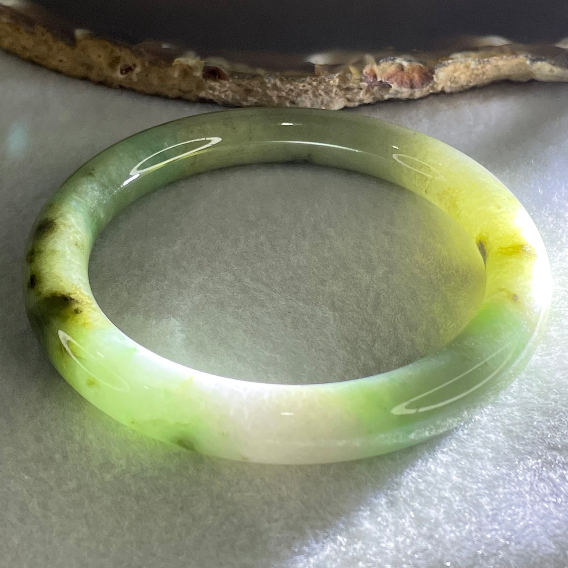 Type A Light Green with Green piao Hua Floral Jadeite Bangle 49.37g Inner Diameter 57.7mm 19.6 by 9.8mm (Very Slight Internal Lines) - Huangs Jadeite and Jewelry Pte Ltd