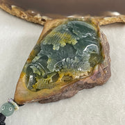 Grand Master Type A Brown with Blueish Green Jadeite Shan Shui with Guiren Benefactor Pendant 107.48g 74.0 by 53.9 by 23.3mm - Huangs Jadeite and Jewelry Pte Ltd