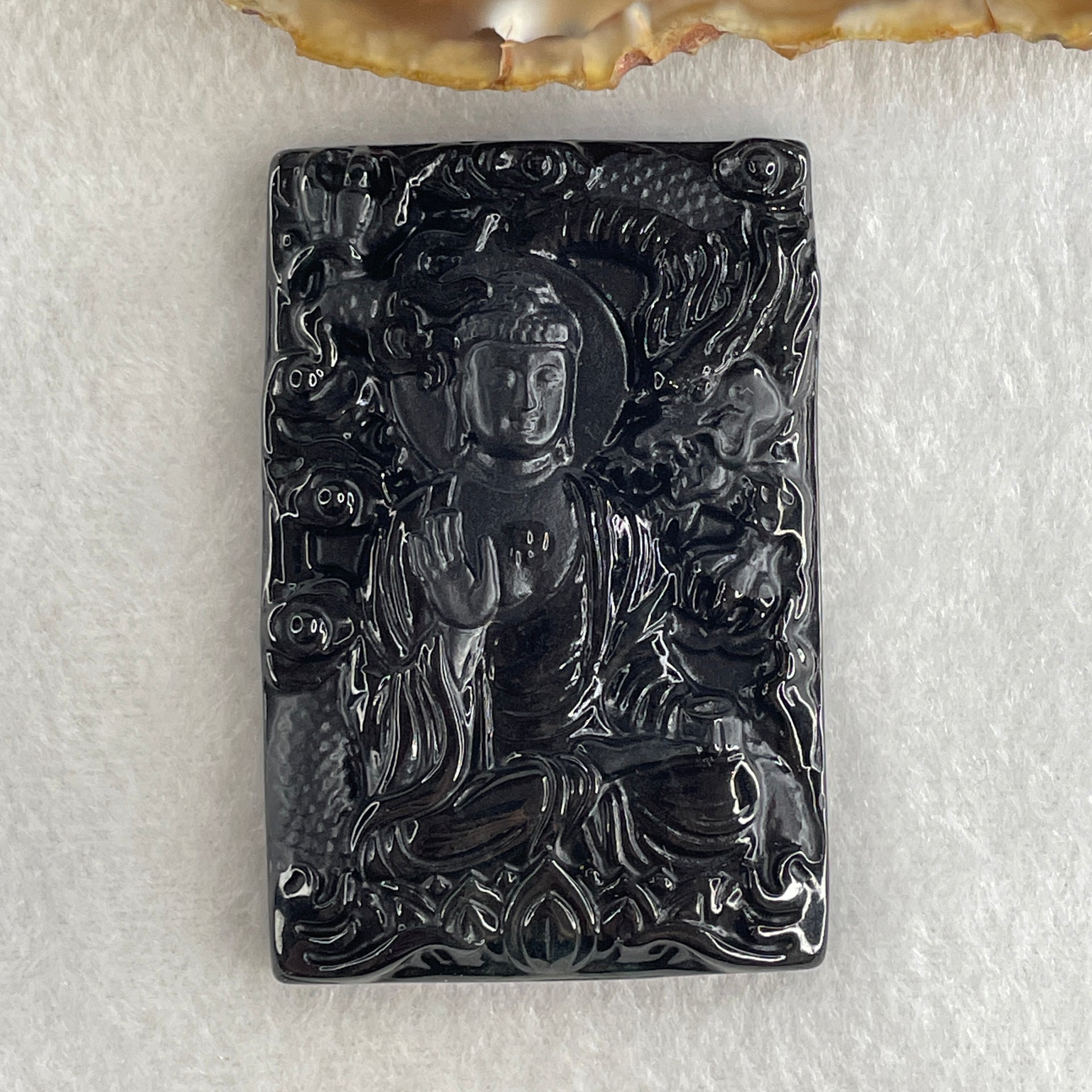 Type A Opaque to Partial Translucent Black Omphacite Jadeite Amitabha Buddha with Dragon Pendant Dog and Boar Pig Zodiac Guardian 37.44g 62.5 by 41.7 by 9.7mm - Huangs Jadeite and Jewelry Pte Ltd