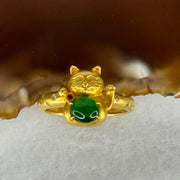 Type A Burmese Icy Gull Spicy Green Jade Jadeite Fortune Cat 18k yellow gold 4.61g Fortune cat 11.9 by 11.2 by 6.8mm with Diamonds Ring inner diameter 16.9mm US6.5 HK14.5 Inner Dia 17.0mm - Huangs Jadeite and Jewelry Pte Ltd