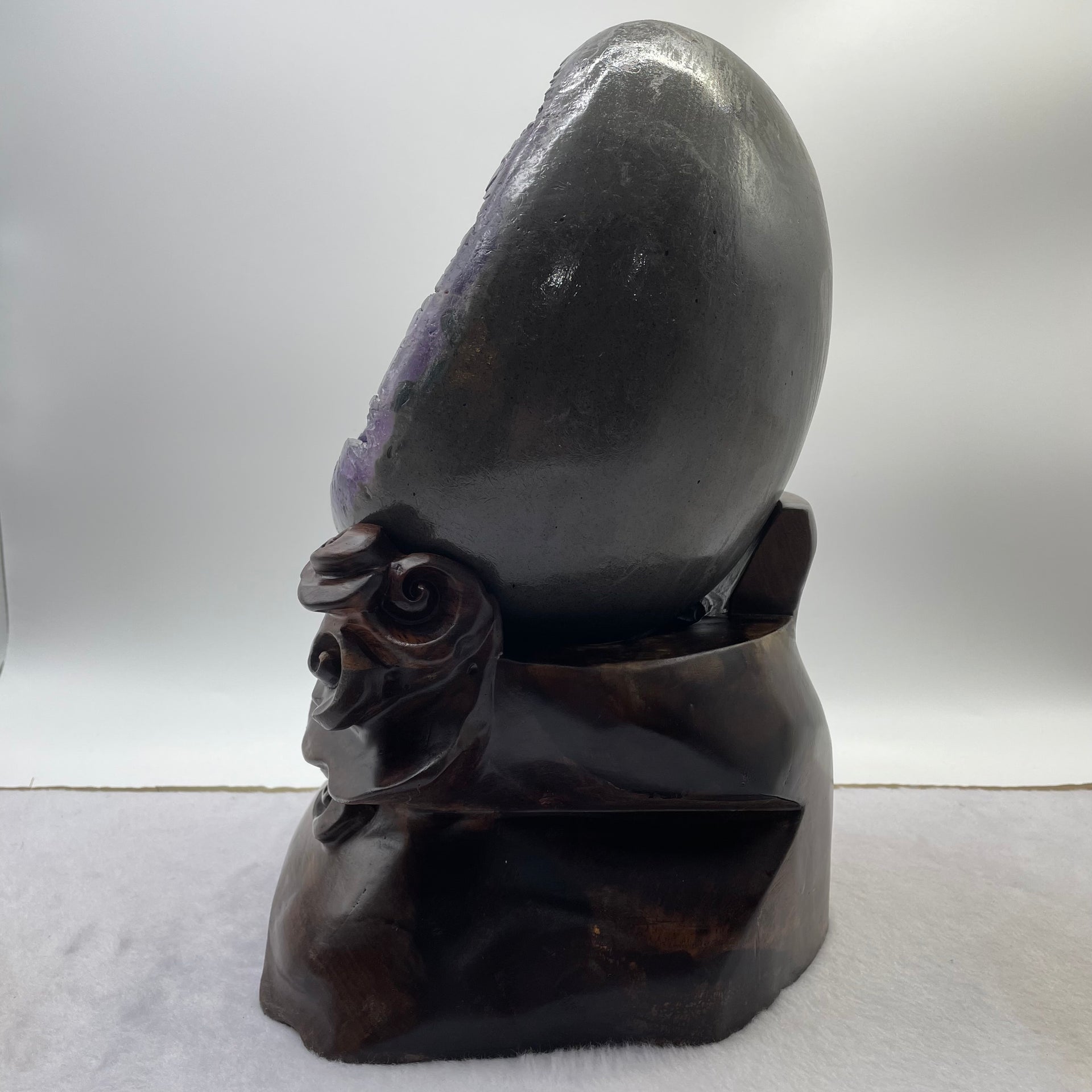 Natural Deep Purple Amethyst Egg with Wooden Stand Display 7,662.7g 190.0 by 185.0 by 300.0mm - Huangs Jadeite and Jewelry Pte Ltd