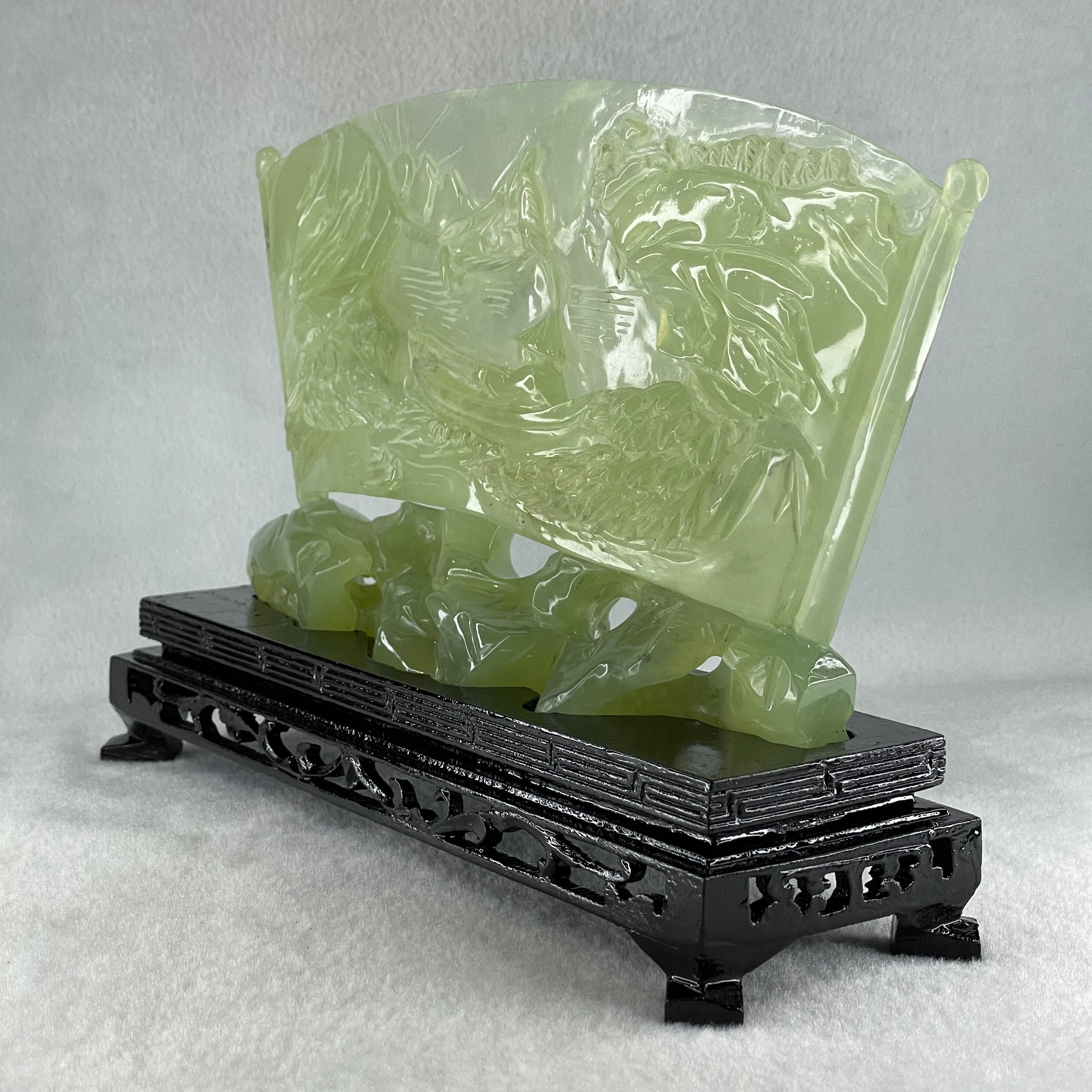 Natural Icy Light Green Serpentine Shan Shui with Gui ren Benefactor on Boat with Twin Birds with Wooden Stand Display 695.1g 242.0 by 164.0 by 83.0mm - Huangs Jadeite and Jewelry Pte Ltd