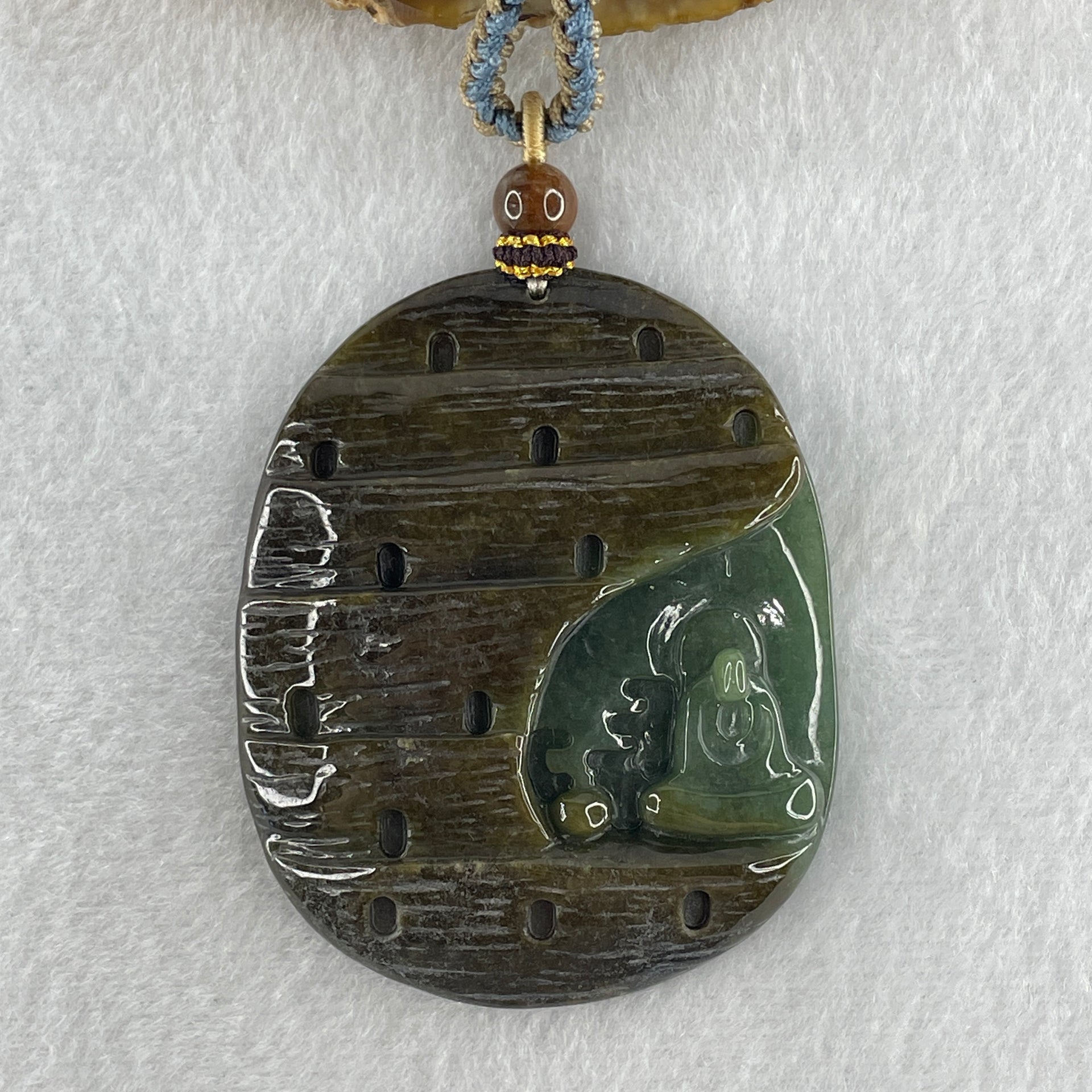 Natural Type A Brown with Blueish Green Jadeite Seeking Enlightenment Pendant 64.41g 63.8 by 51.7 by 10.9mm - Huangs Jadeite and Jewelry Pte Ltd