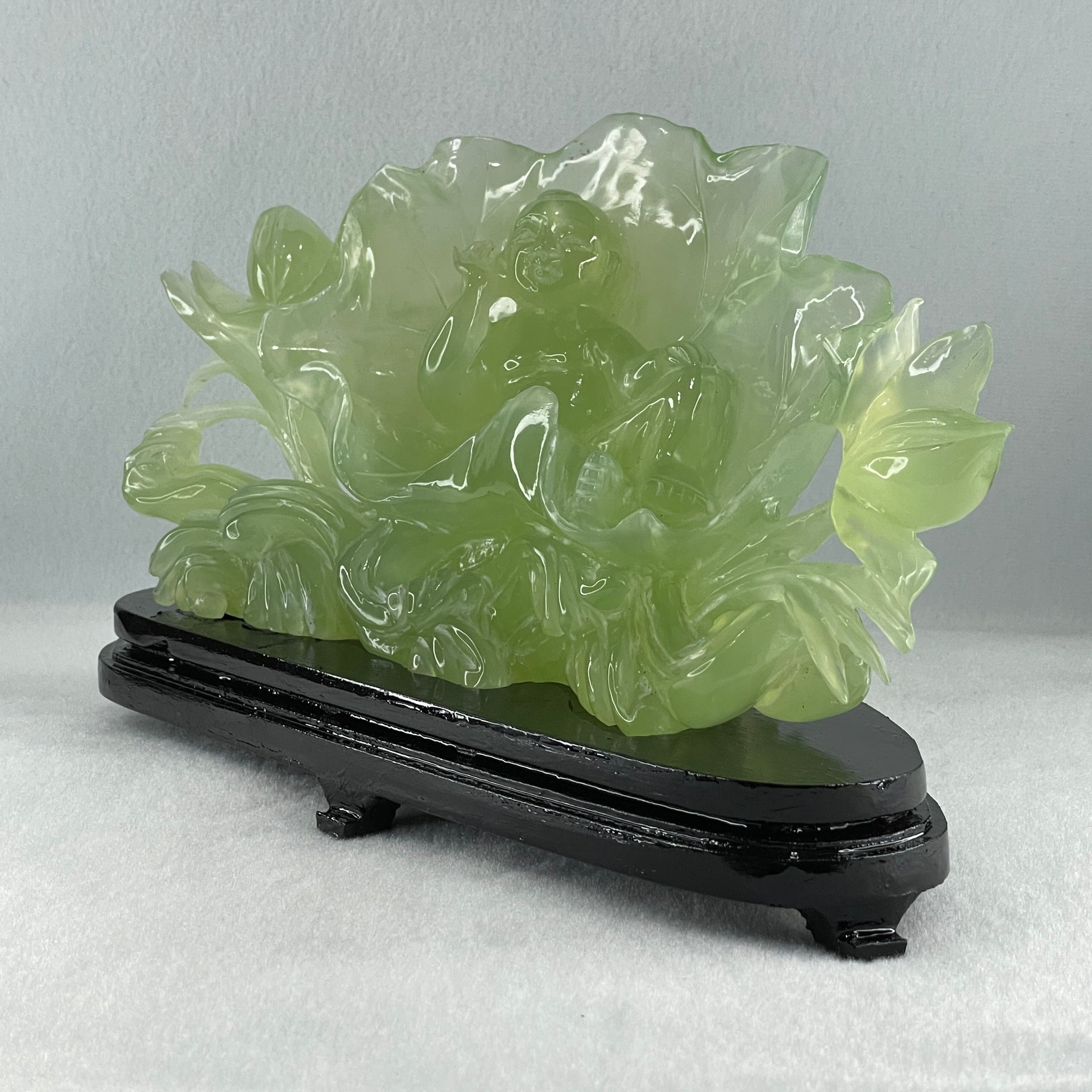 Natural Semi Icy Green Serpentine Tong Zhi on Lotus Leaf and Lotus Flower with Wooden Stand Display 1,458.5g L270.0 by B96.0 by H158.0mm - Huangs Jadeite and Jewelry Pte Ltd